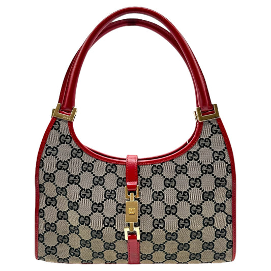 Gucci Gray Monogram & Red Leather Mini Jackie Bag