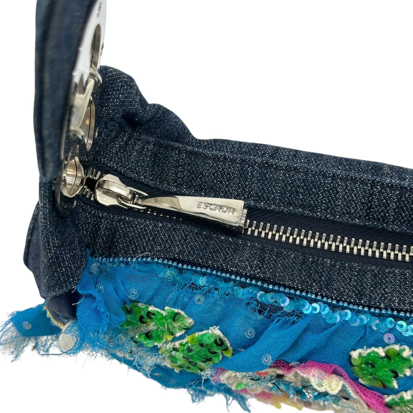 Escada Multicolor Floral Sequin Beaded Denim Mini Bag