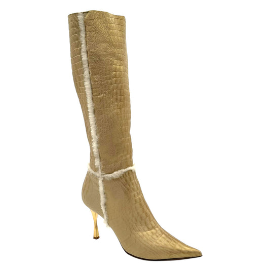 Casadei Gold Croc Embossed Shearling Pointed Toe Boots
