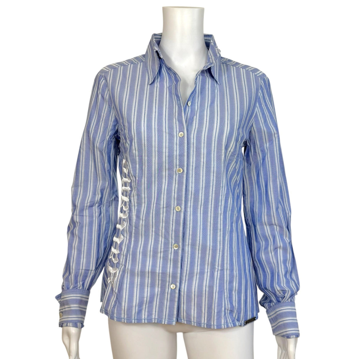 Galliano Blue Pinstriped Logo Embroidered Button Up Blouse