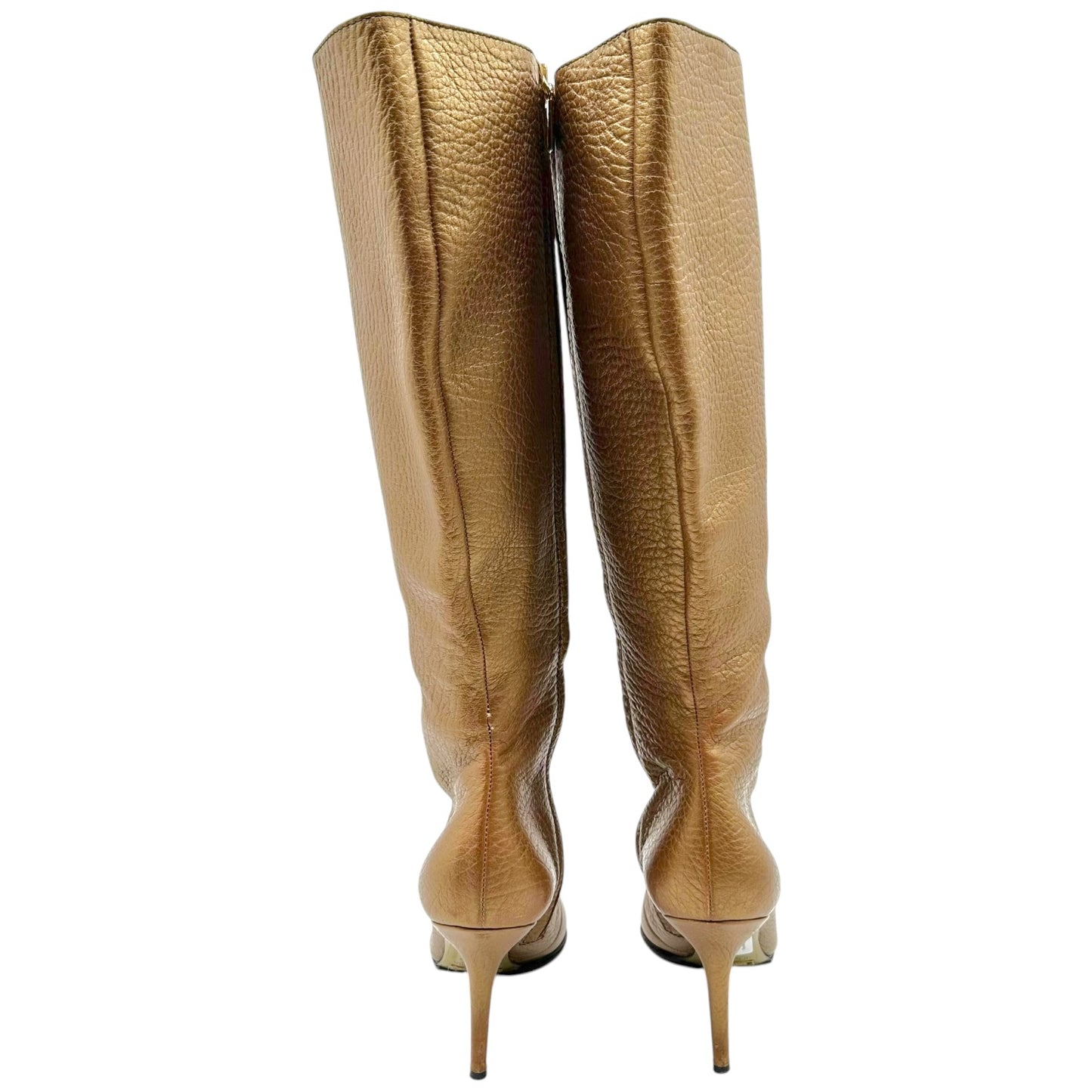 Dolce & Gabbana Gold Leather Pointed Toe Heeled Knee High Boots