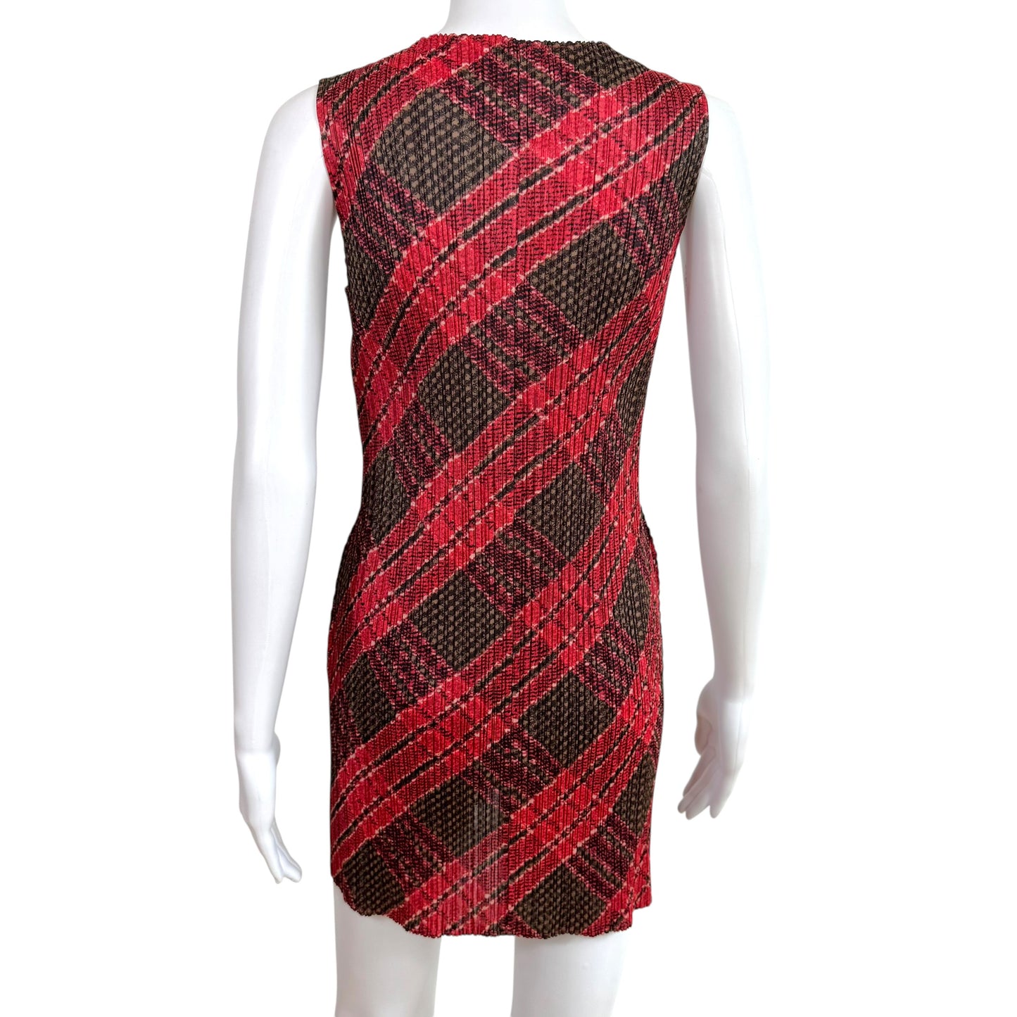 Issey Miyake Pleats Please Red & Gray Plaid Print Pleated Mini Dress Sz 3
