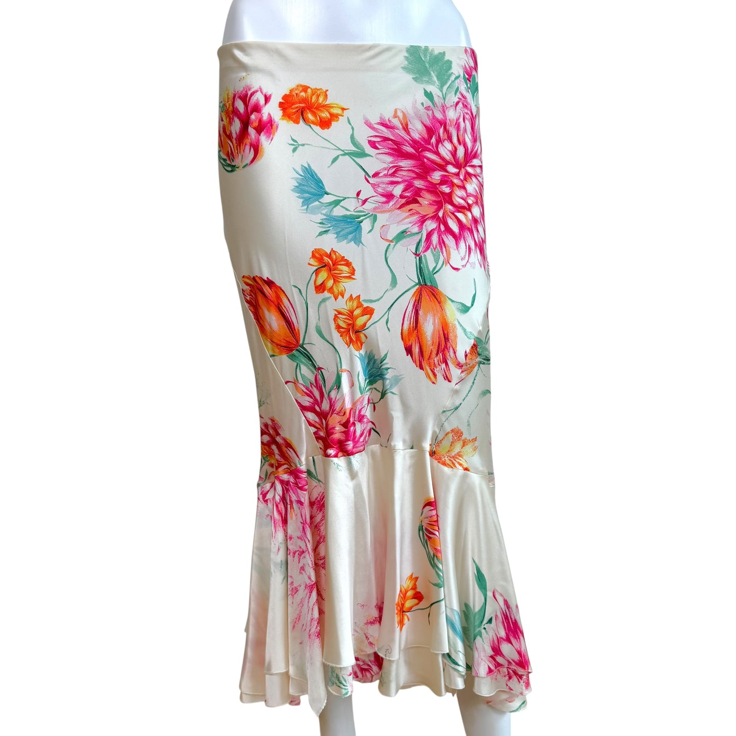 Roberto Cavalli White Multicolor Floral Print Mermaid Hem Silk Maxi Skirt