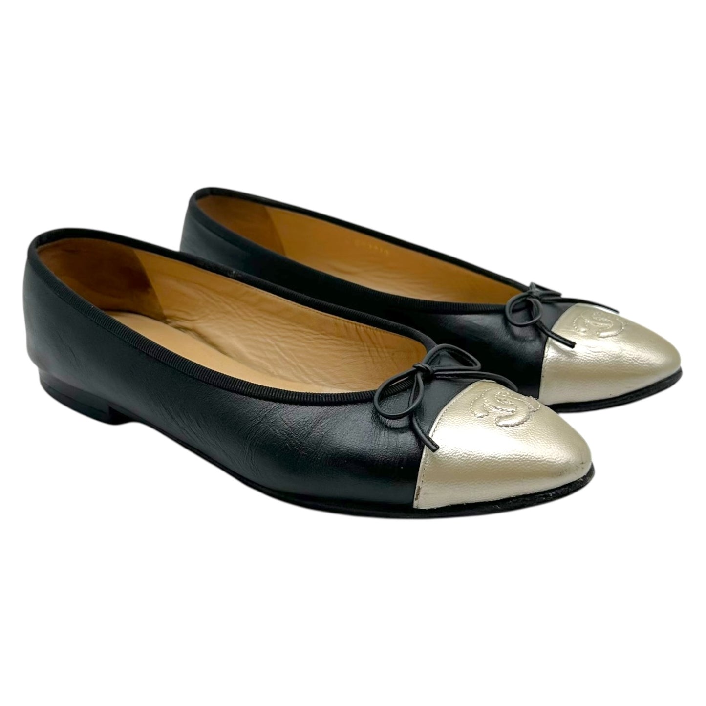 Chanel Metallic Gold & Black Canvas Logo Ballet Flats