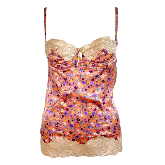 Dolce & Gabbana Pink Floral Printed Lace Trim Silk Bustier Cami Top