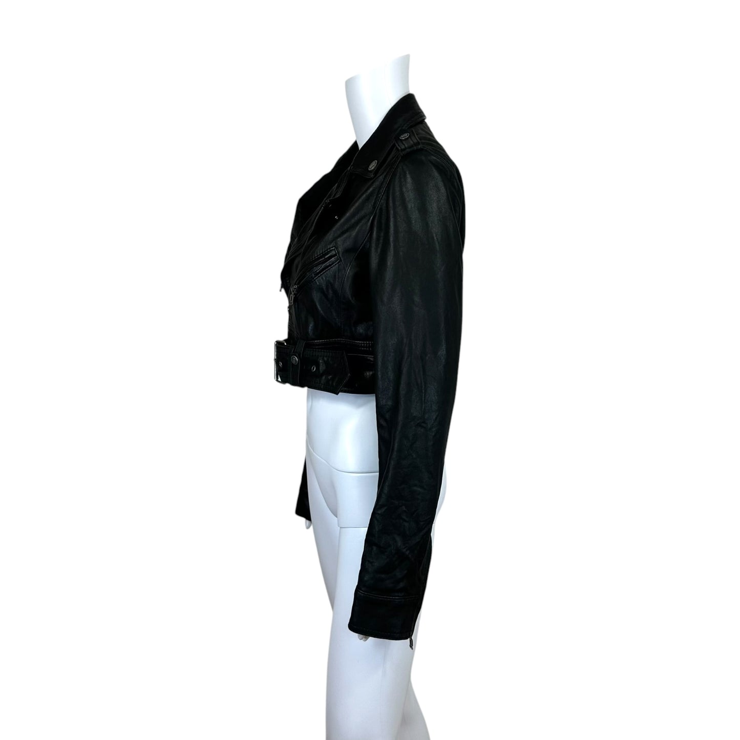 Galliano Black Leather Cropped Moto Jacket