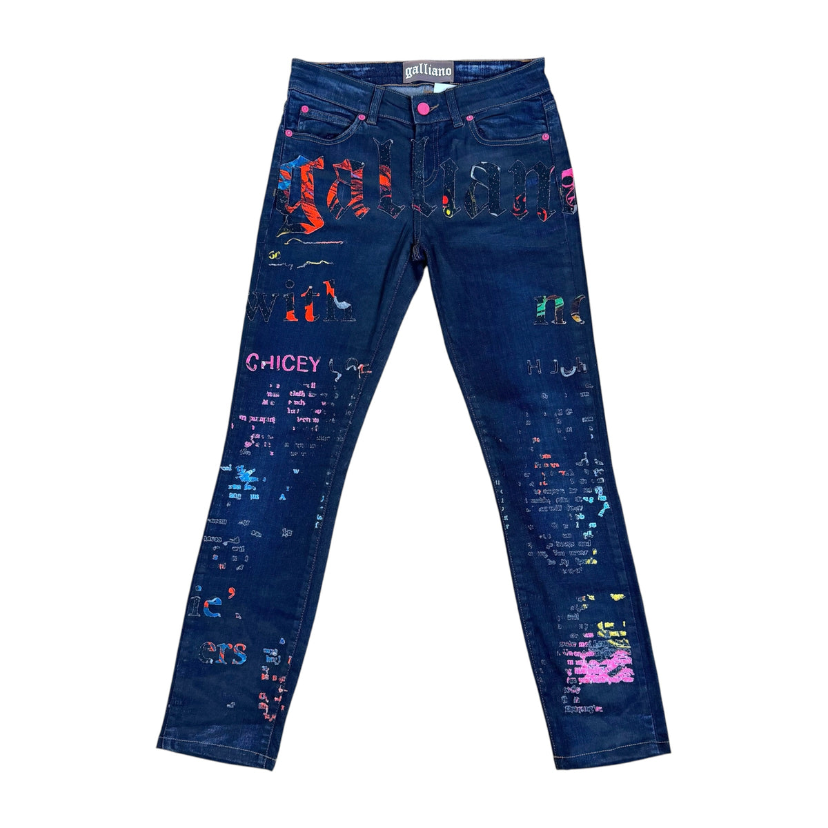 Galliano Multicolor Logo Patch Dark Wash Straight Leg Jeans