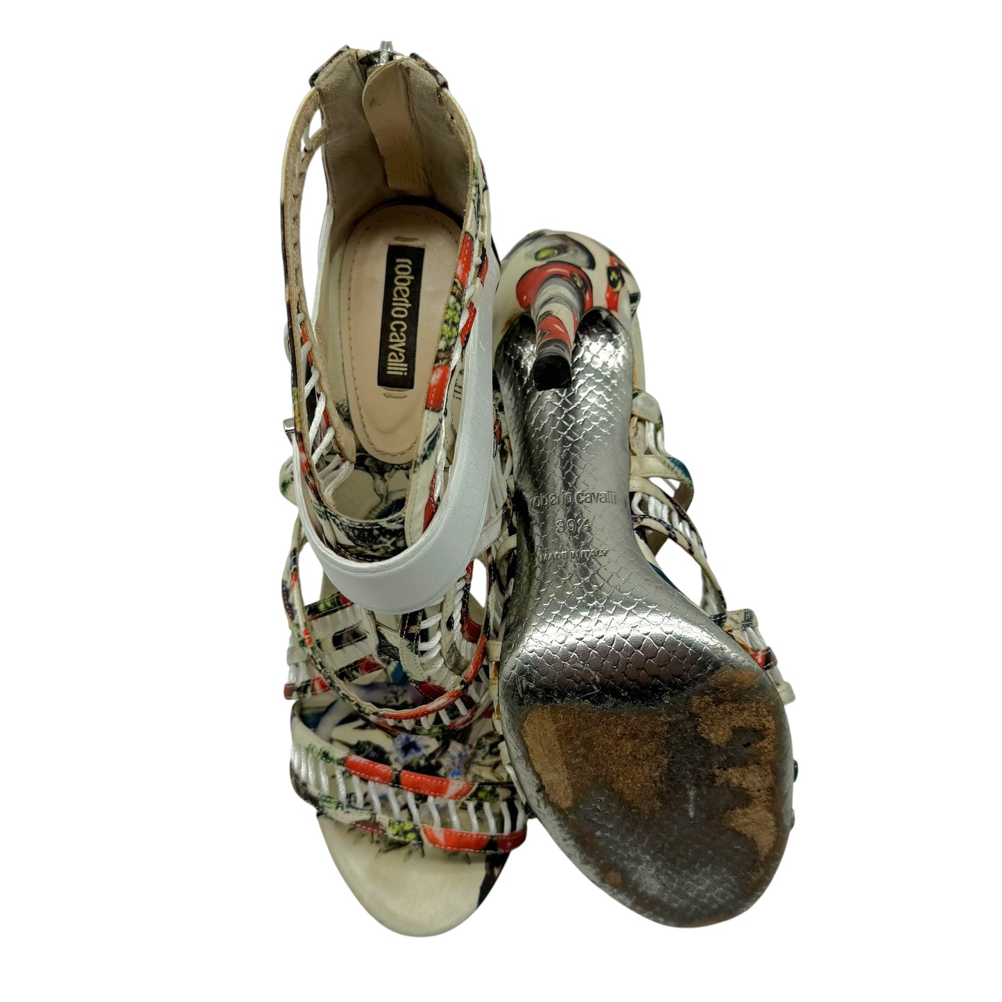 Roberto Cavalli Multicolor Printed Silk Strappy Stiletto Sandals