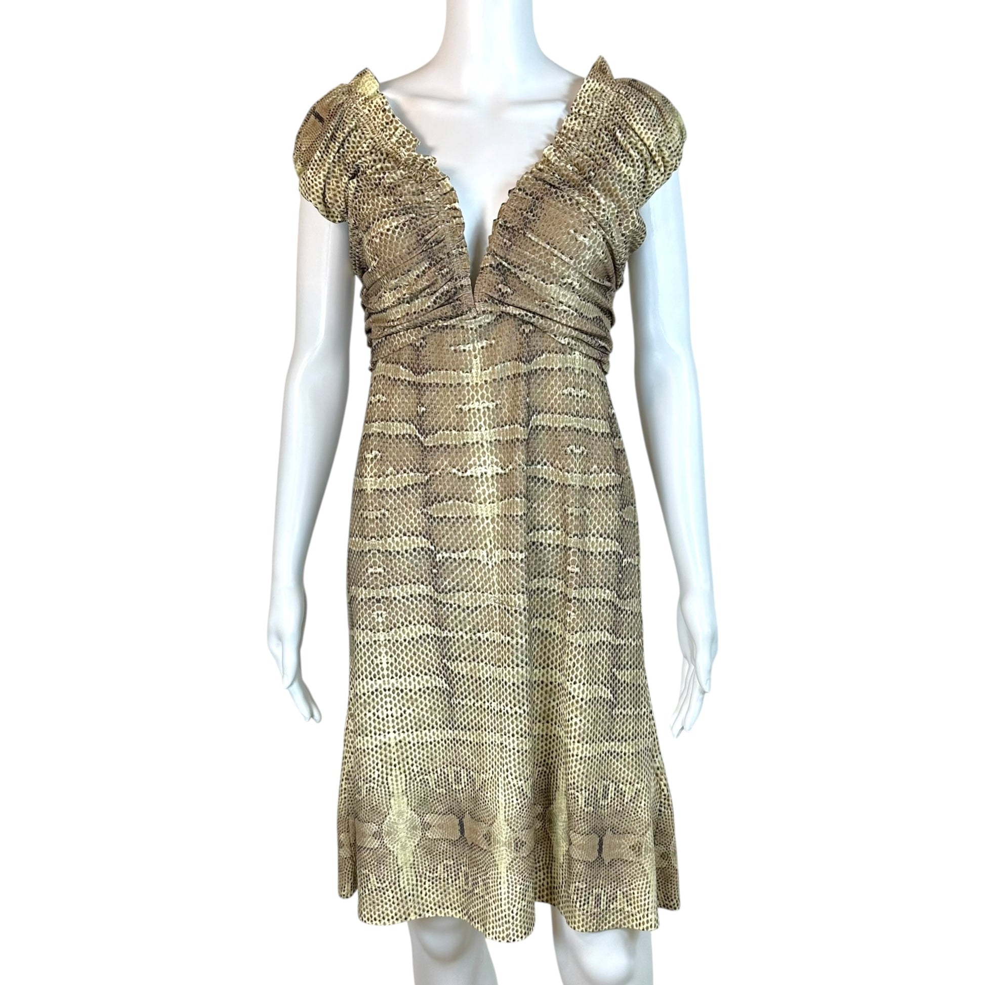 Roberto Cavalli Mini Dress Snakeskin Print V-Neck Large