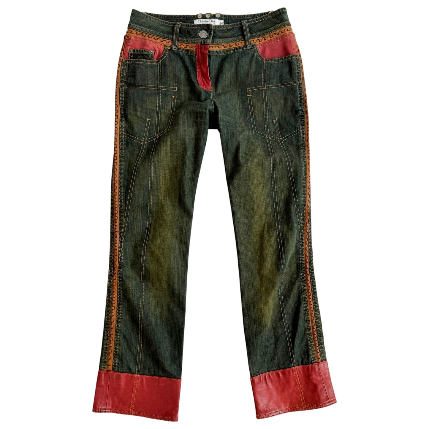 Christian Dior Denim Capri Pants Burgundy Leather Trim
