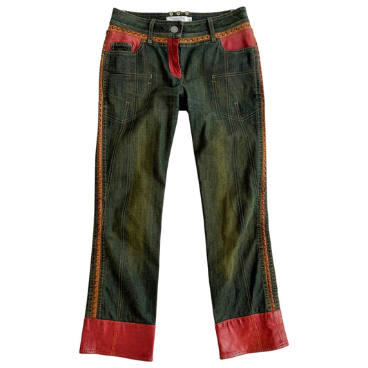 Christian Dior Denim Capri Pants Burgundy Leather Trim