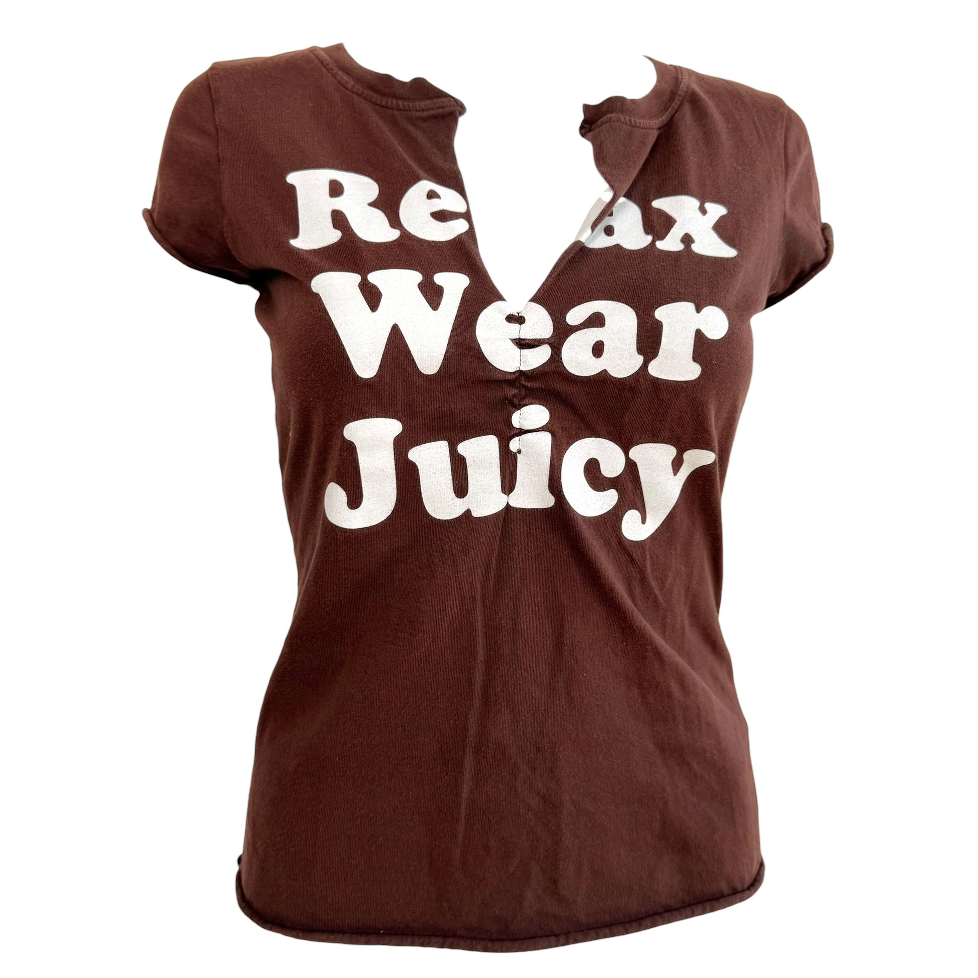 Juicy Couture Graphic T-Shirt Brown White Notched Neckline