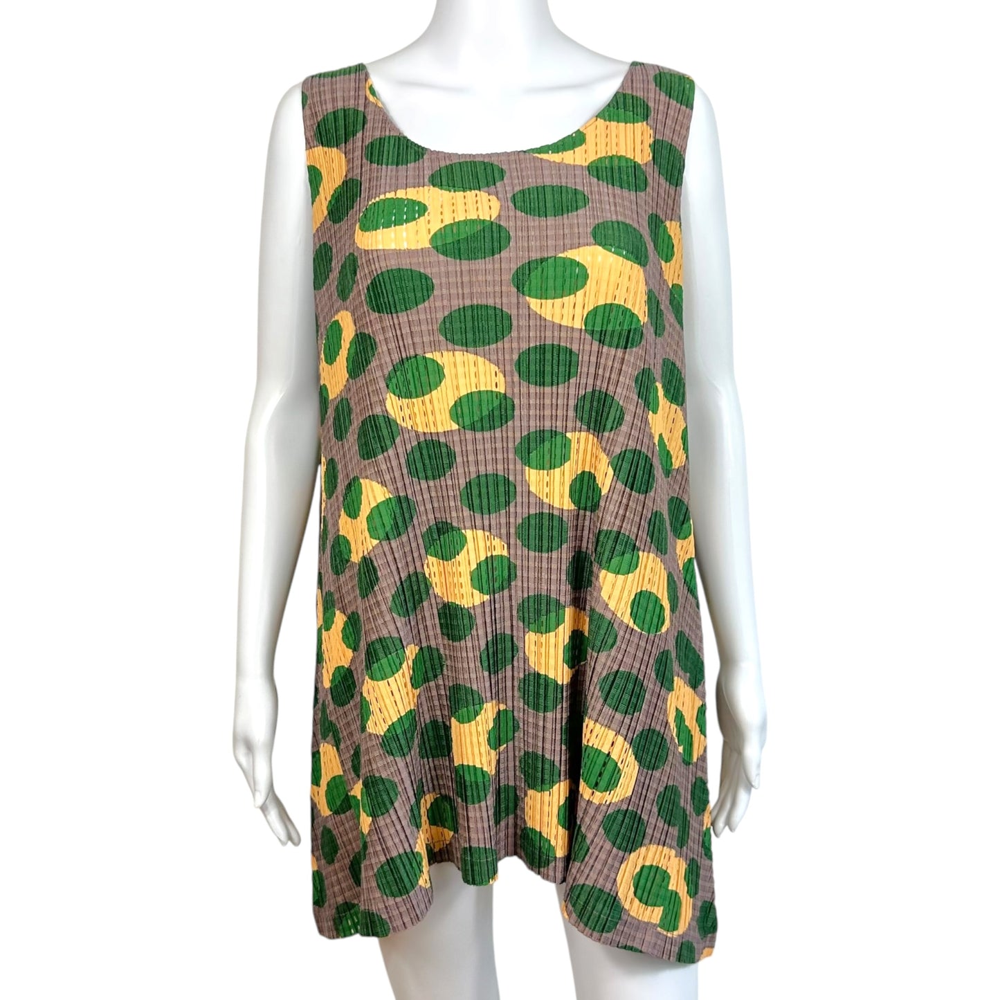 Issey Miyake Pleats Please Taupe Green & Yellow Polka Dot Pleated Sleeveless Mini Dress