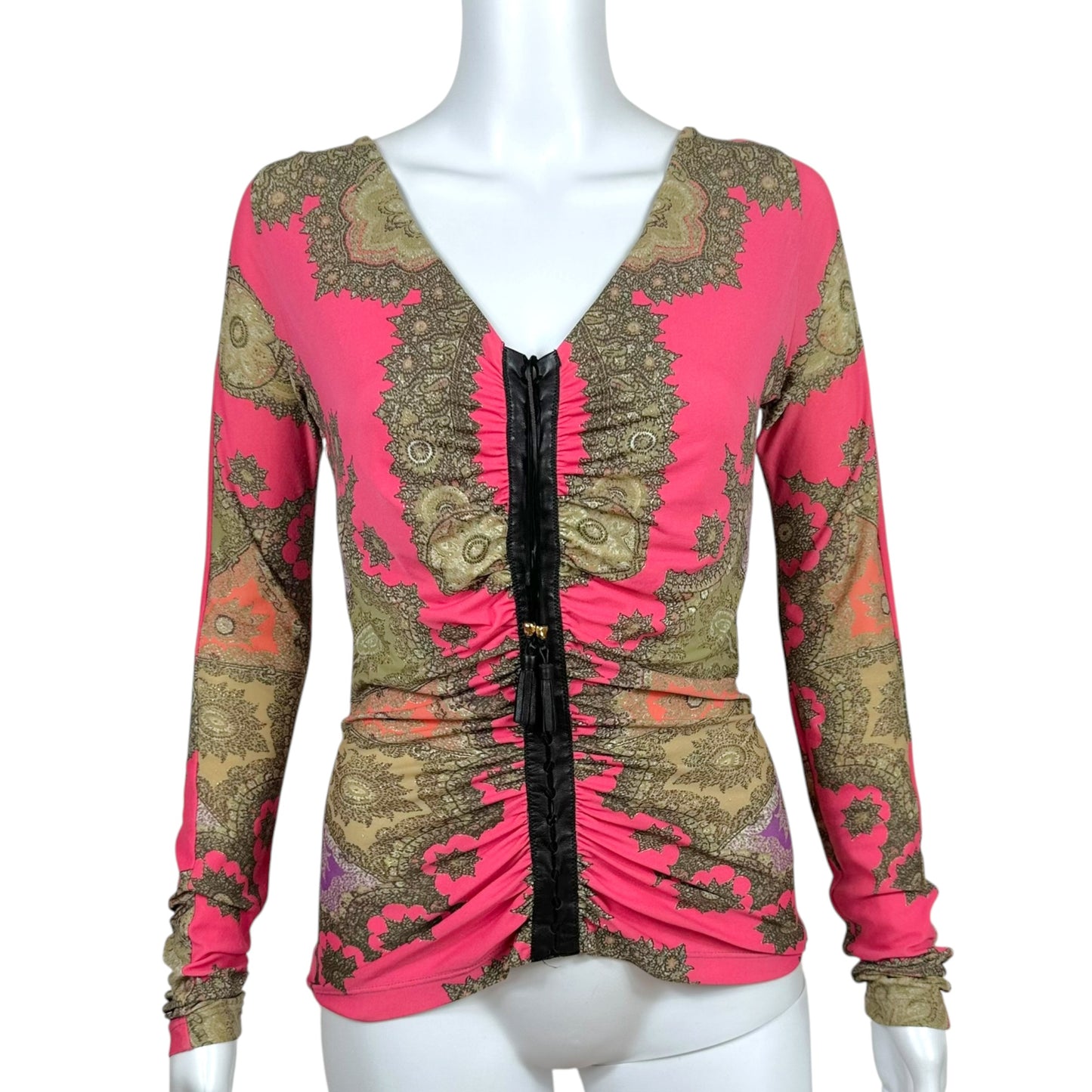 Roberto Cavalli 2004 Pink Paisley Print Silk & Leather Lace-Up Top