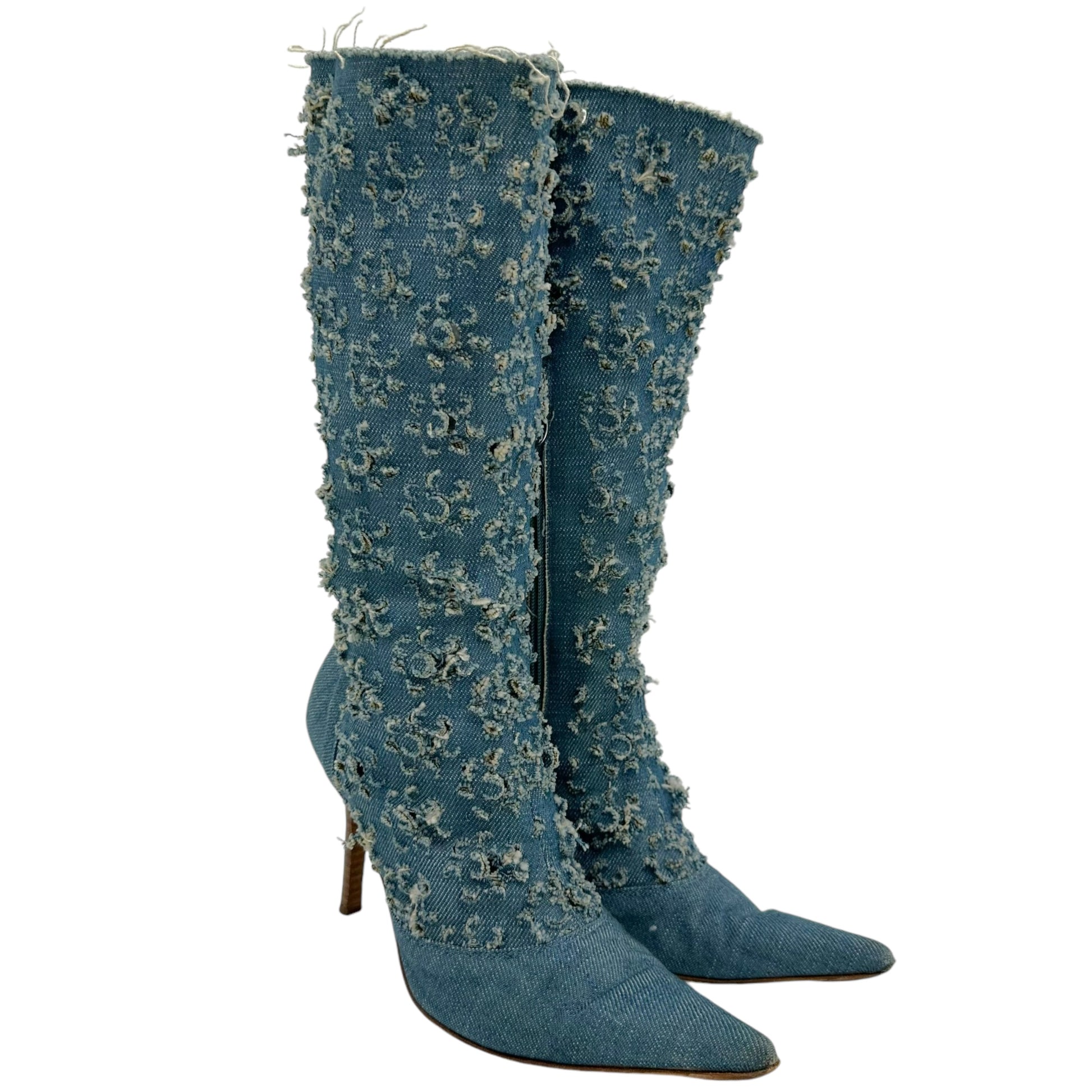 Versace Versus Distressed Denim Pointed Toe Boots - Outfit Repeater