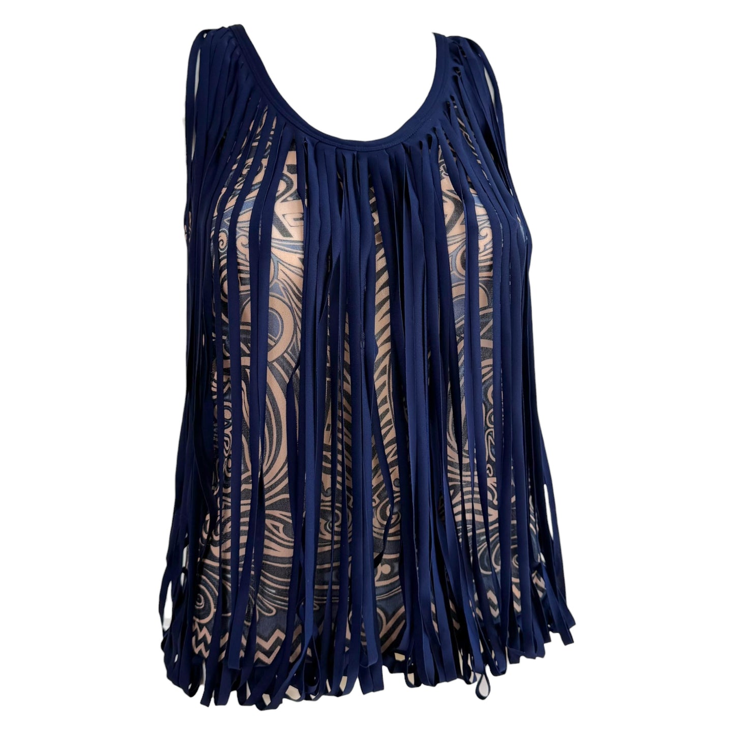Jean Paul Gaultier Soleil Blue & Beige Tribal Print Mesh Tank w/ Fringe Overlay