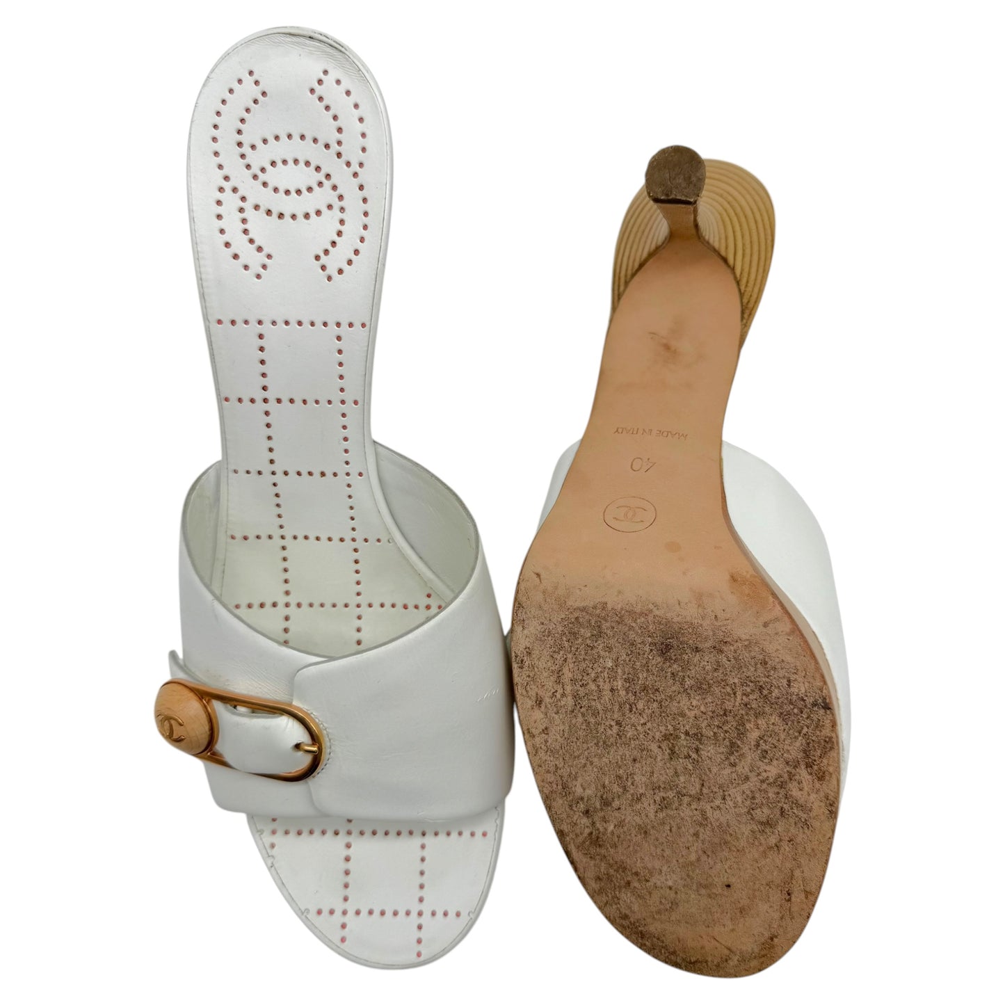 Chanel White Leather Platform Mule Heels with Safety Pin
