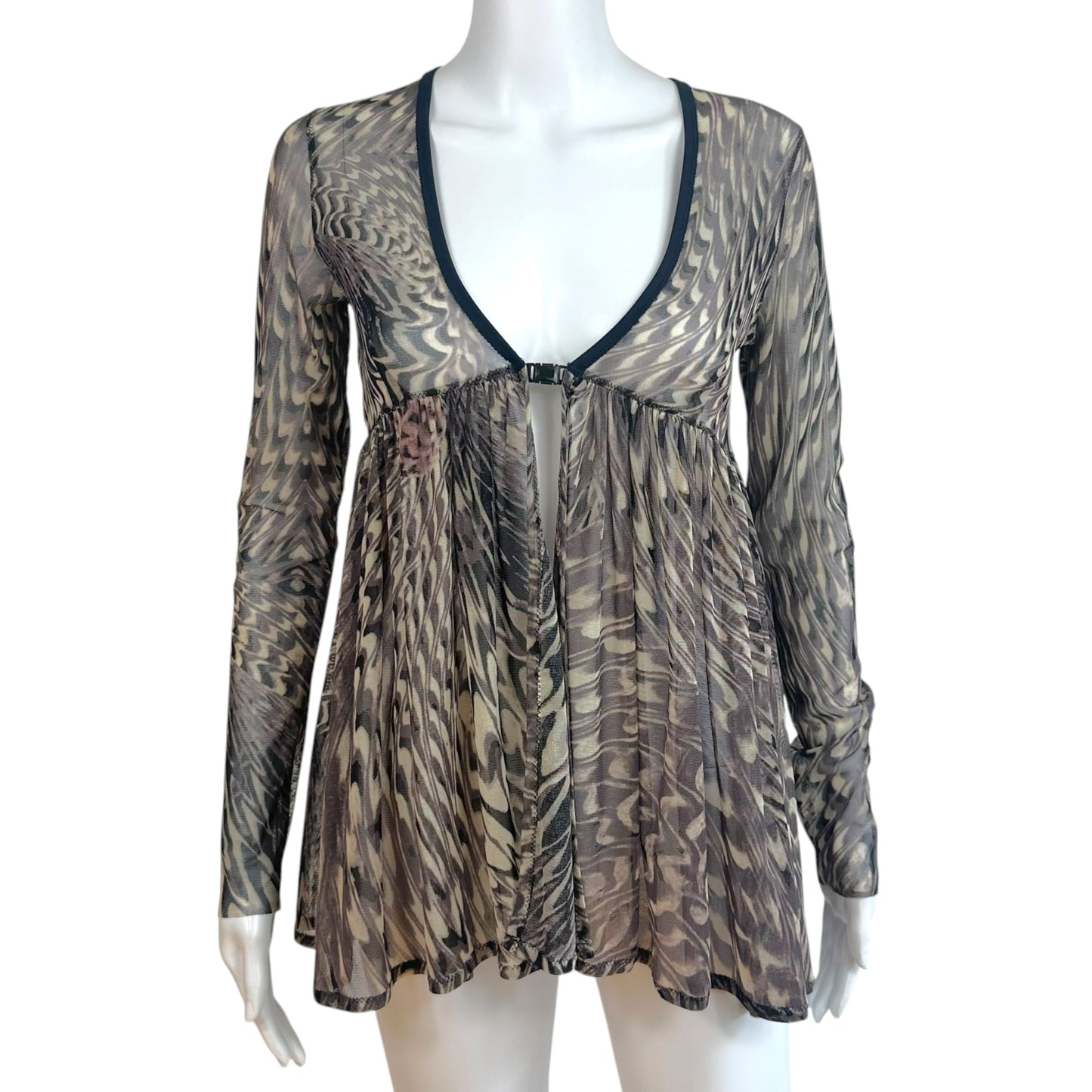 Jean Paul Gaultier Black & Gray Swirl Print Mesh Babydoll Cardigan Top
