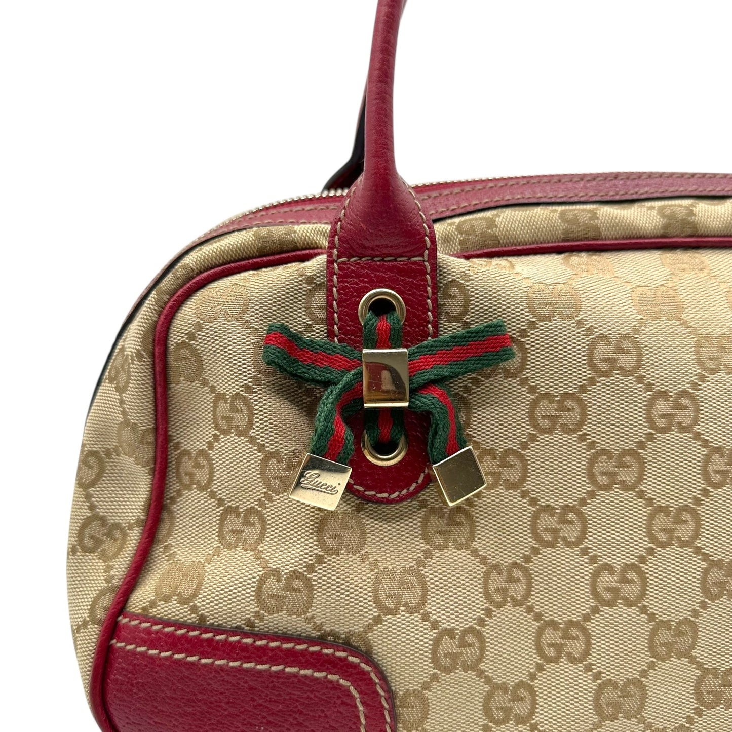 Gucci Tan Monogram & Burgundy Leather Bowler Bag