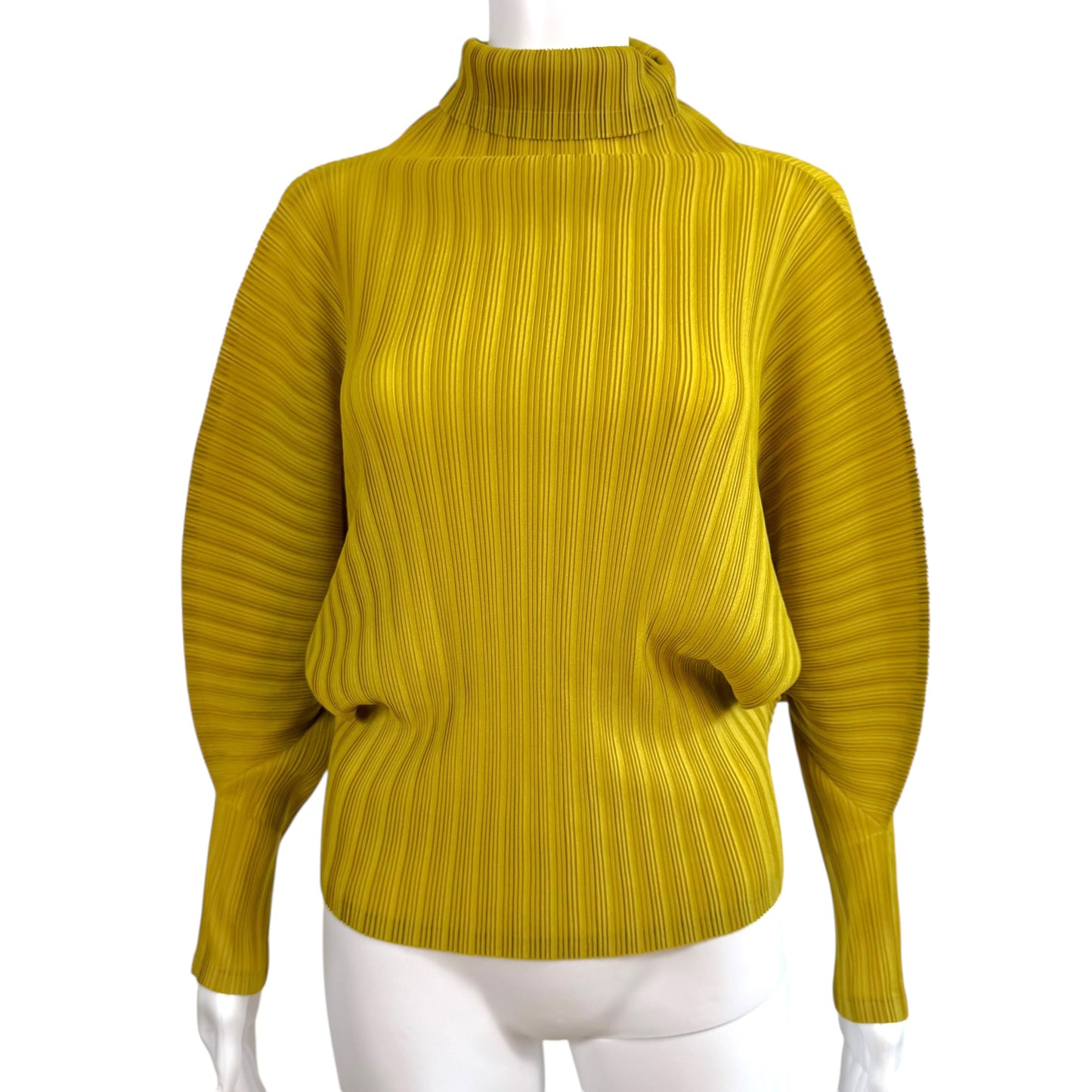 Issey Miyake Pleats Please Bright Olive Green Pleated Dolman Sleeve Turtleneck Top Sz 3