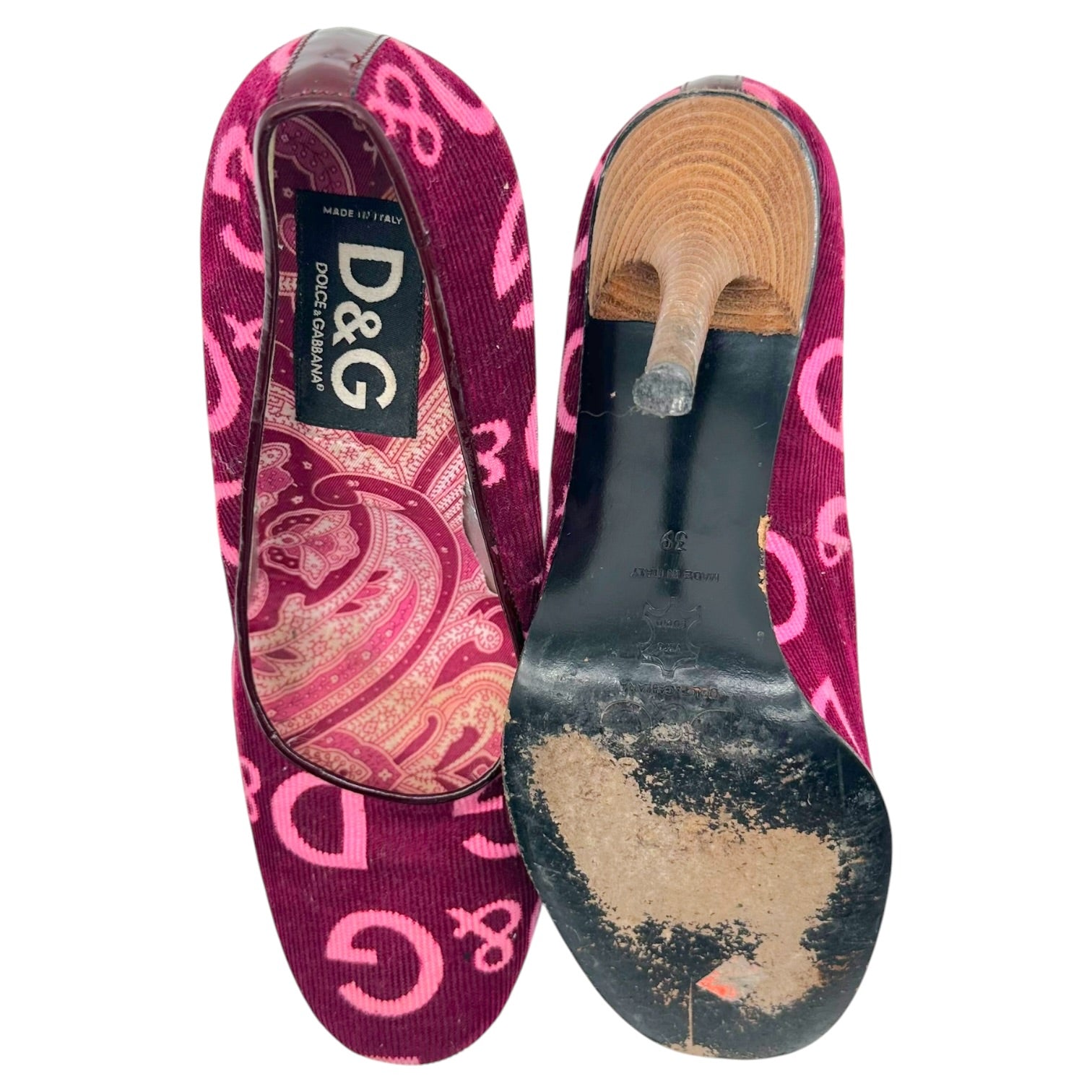 D&G Pink Purple Logo Print Corduroy Heels