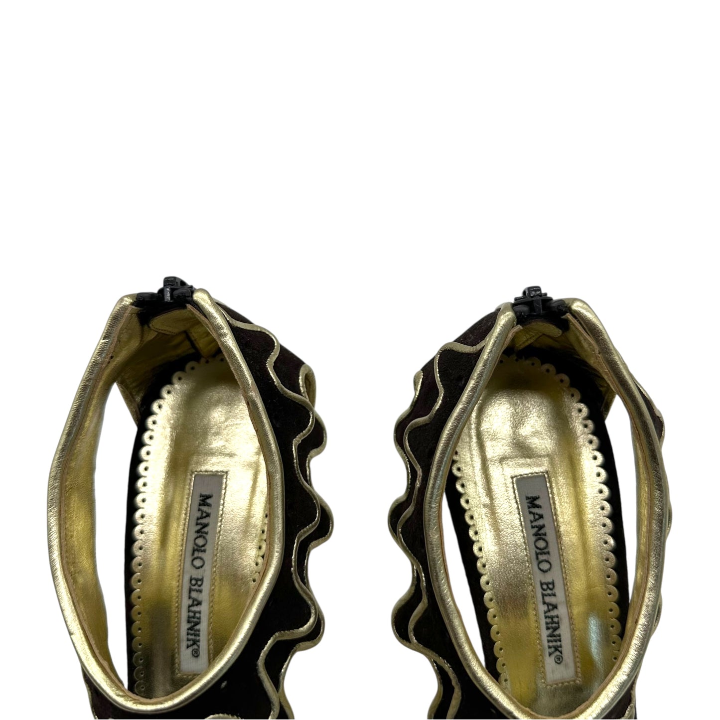 Manolo Blahnik Brown Suede & Gold 'Melting' Heels