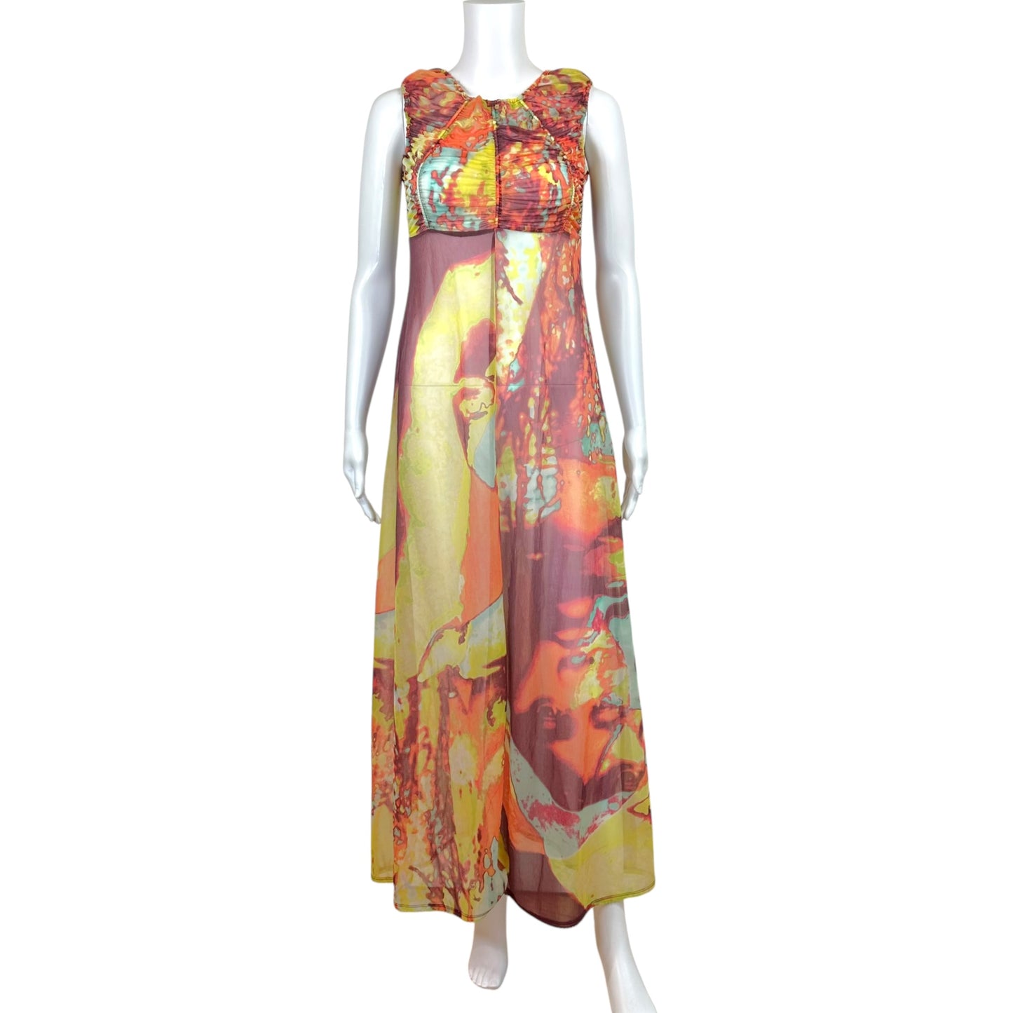 Jean Paul Gaultier Multicolor Psychedelic Face Print Mesh Maxi Dress