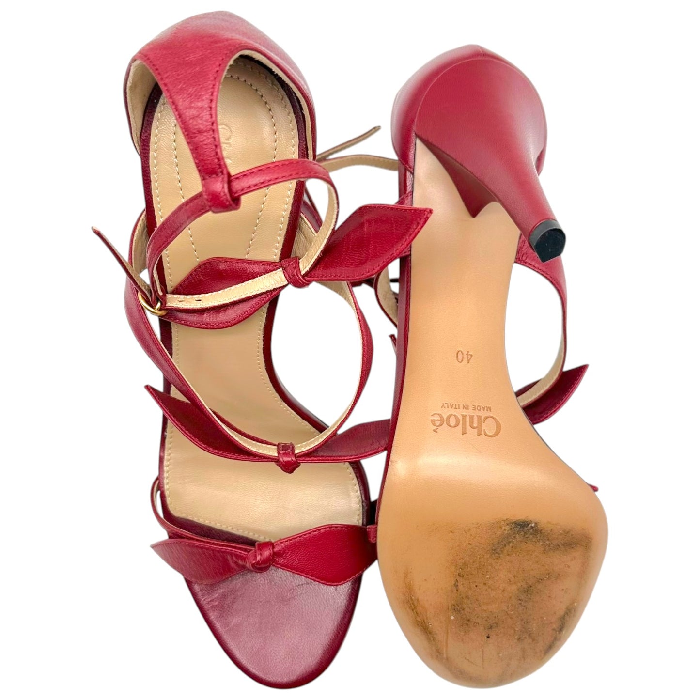 Chloé Red Bow Embellished Strappy Sandal Heels