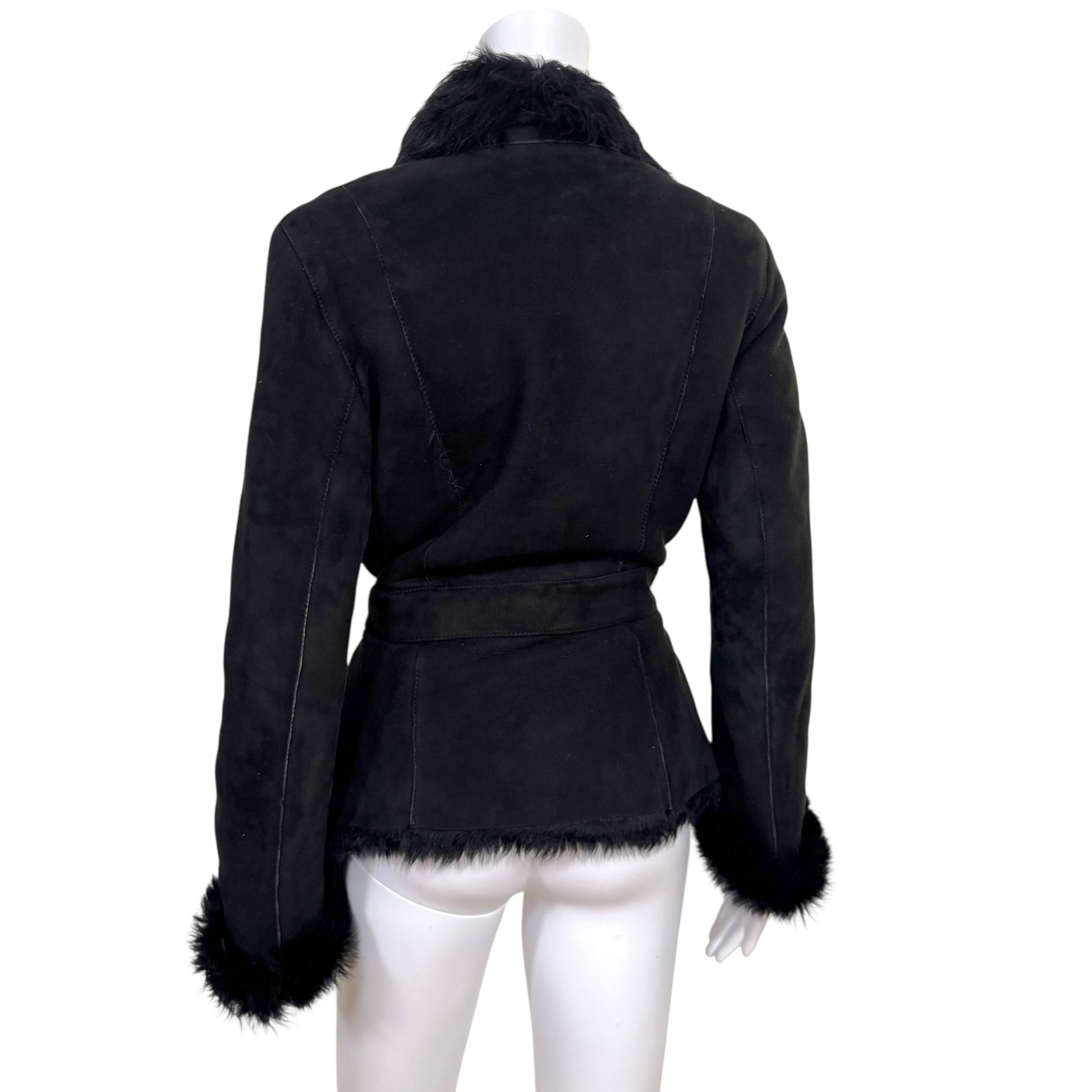 Gucci Black Shearling Fur Suede Wrap Coat