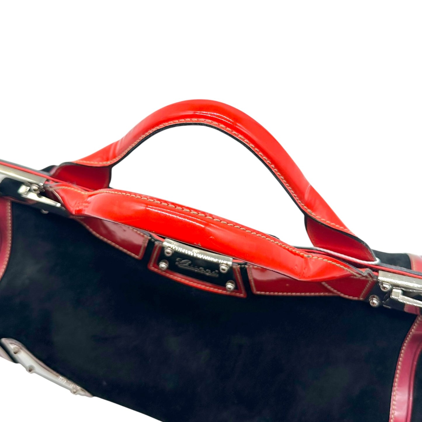 Gucci Black Suede Red Patent Fringe Tote Bag