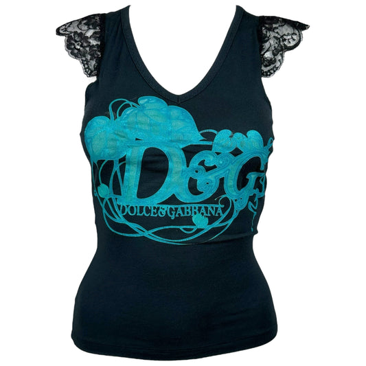D&G Dolce and Gabbana Lace Sleeve Logo T-Shirt
