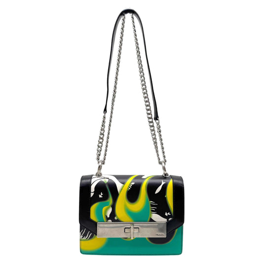 Prada Shoulder Bag Green Yellow Flame Print Leather