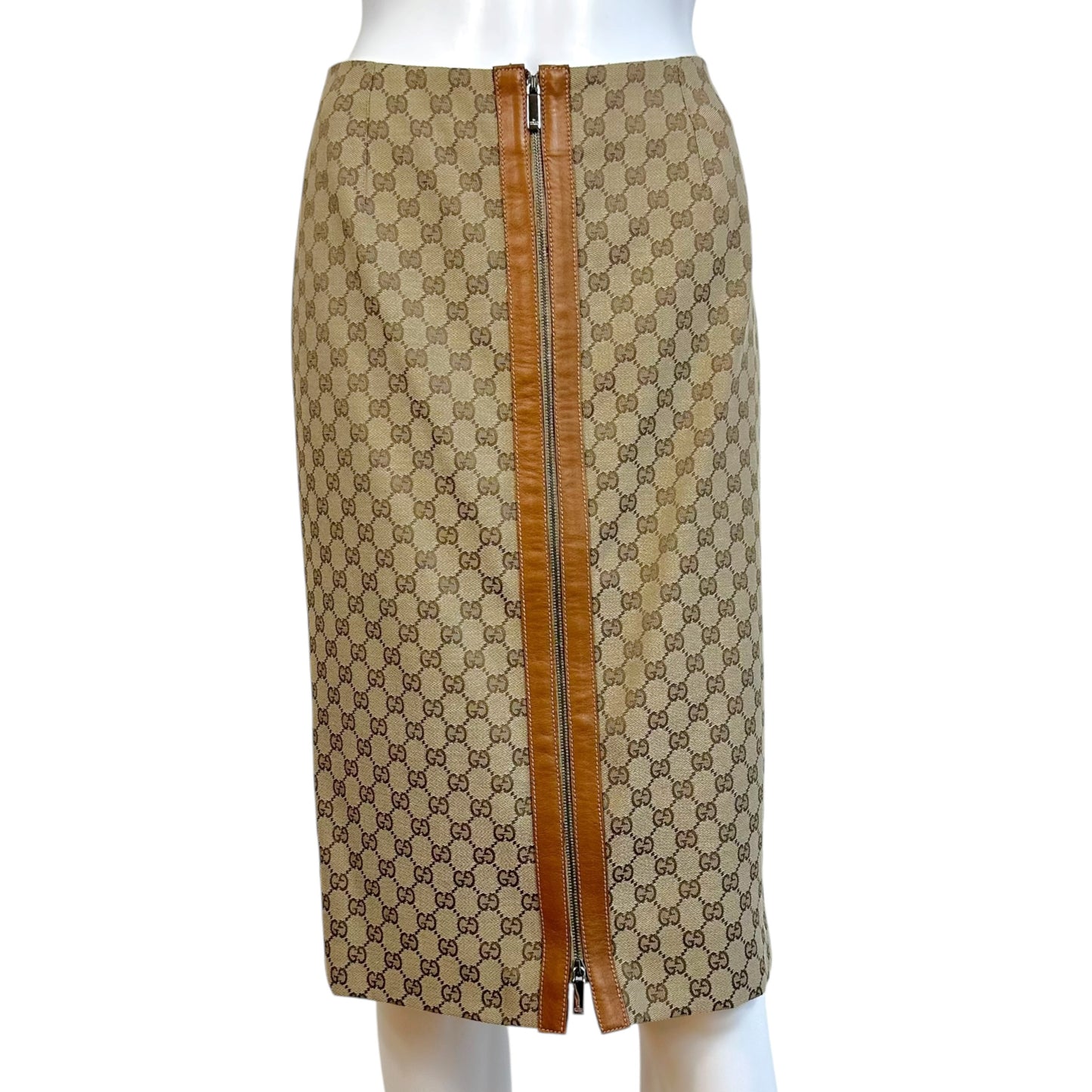 Gucci by Tom Ford 2000 Tan Monogram & Leather Midi Skirt