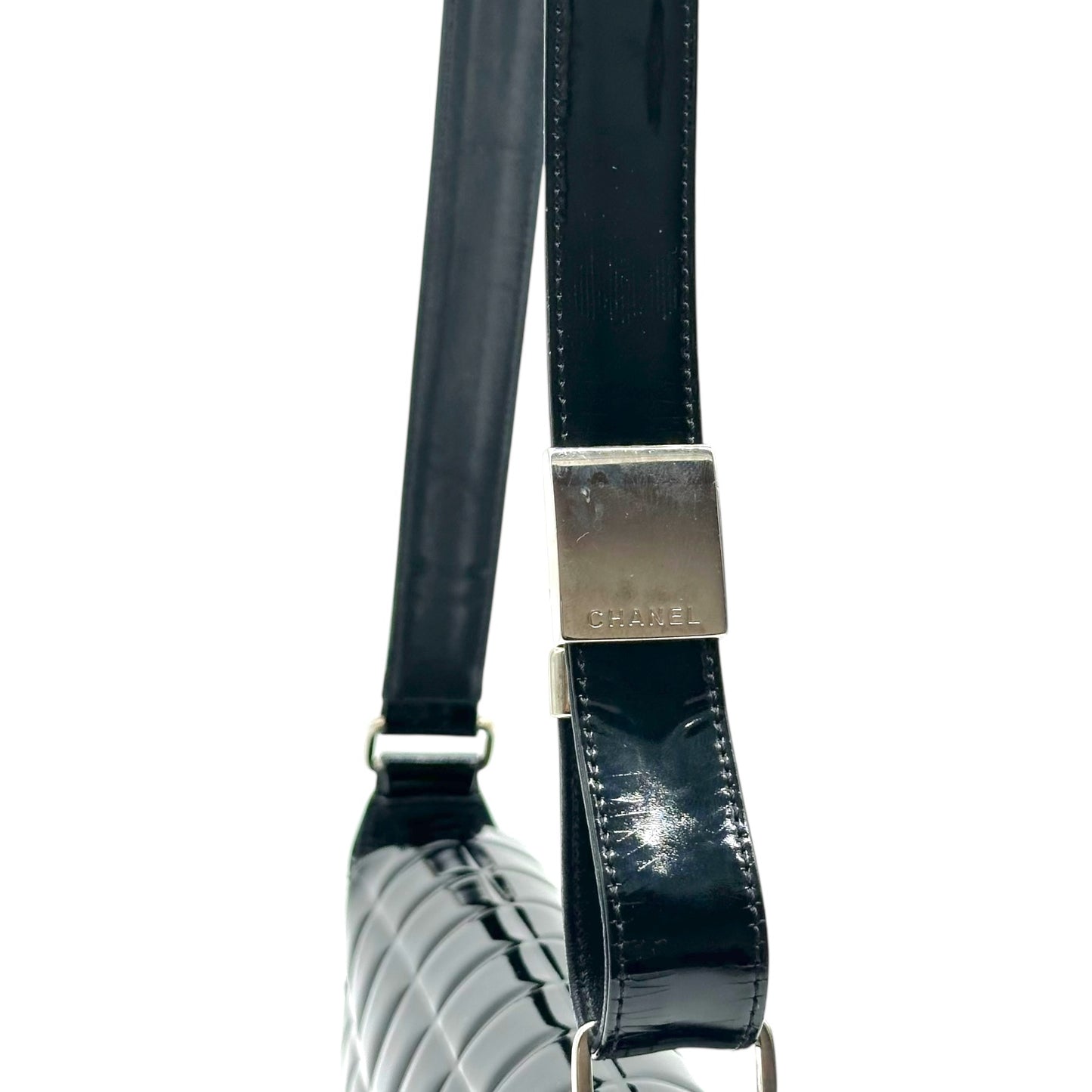 Chanel Black Patent Leather Chocolate Bar Pochette Bag