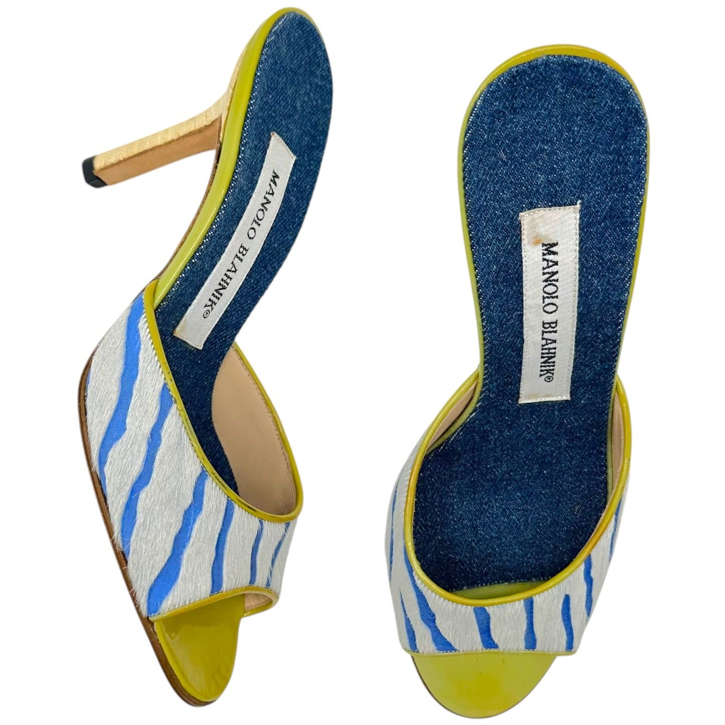Manolo Blahnik Blue & Green Zebra Print Ponyhair Mule Heels
