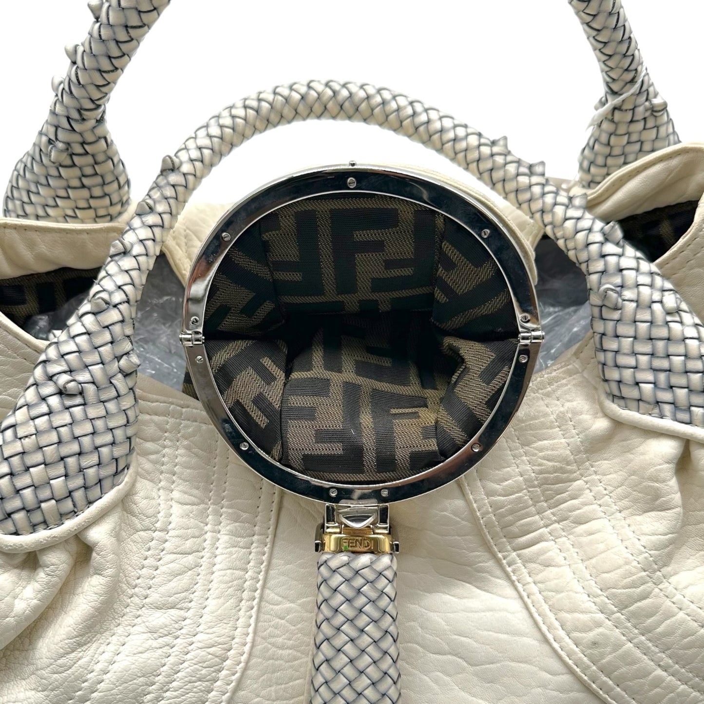 Fendi White Leather Hobo Bag with Woven Handles