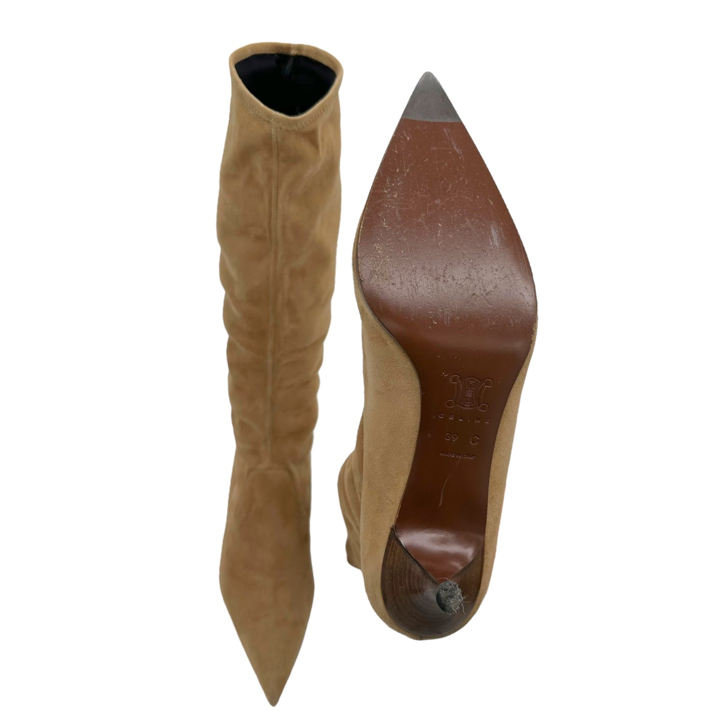 Celine Tan Suede Pointed Toe Boots