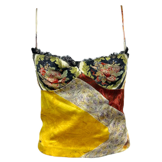 Roberto Cavalli 2005 Patchwork Print Silk & Lace Cropped Bustier Top