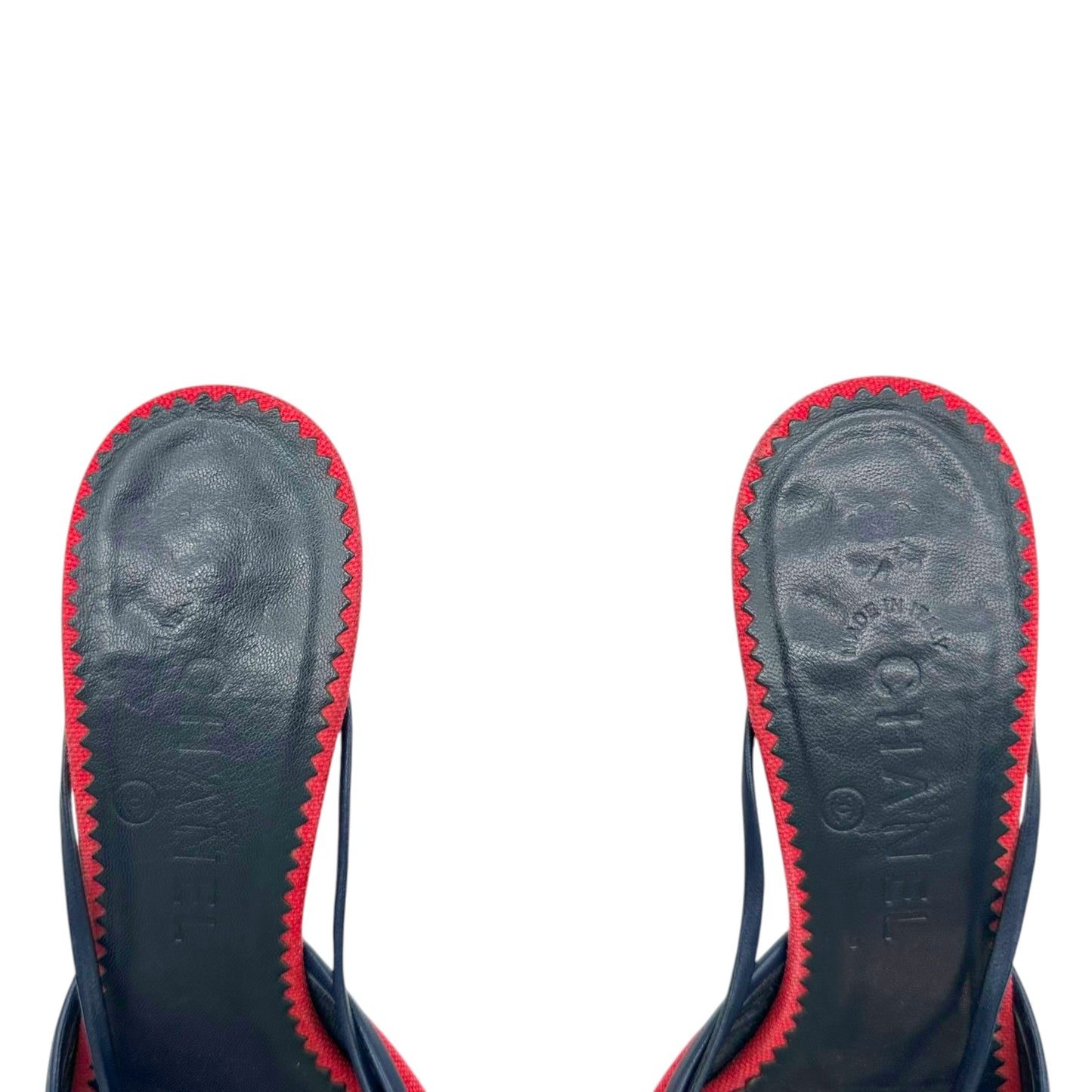 Chanel Red Navy Kitten Heel Mules Gold Clover Charms