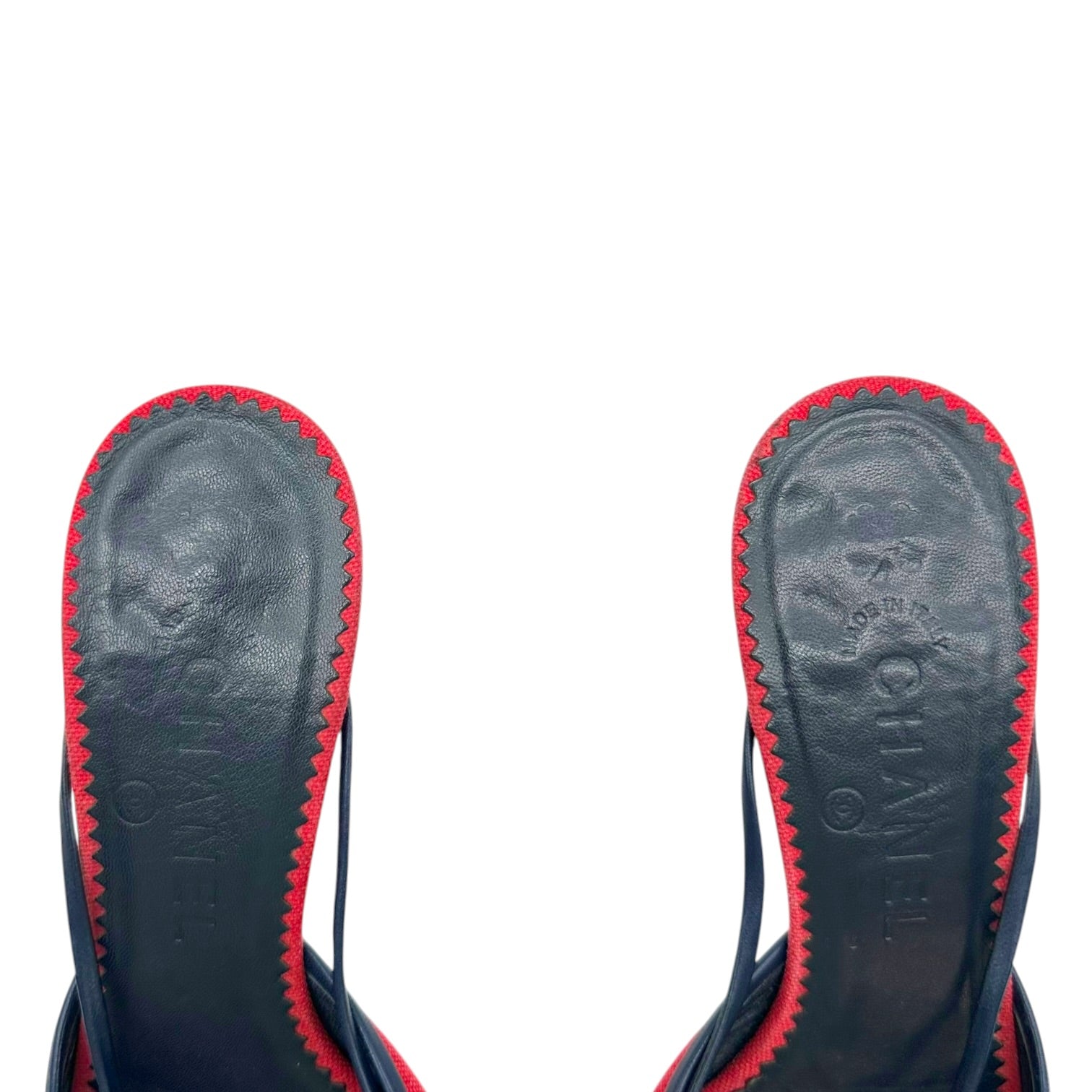 Chanel Red Navy Kitten Heel Mules Gold Clover Charms