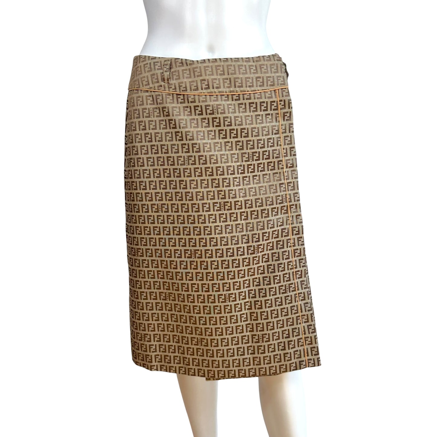 Fendi Tan Zucchino Monogram Leather Trim Midi Wrap Skirt