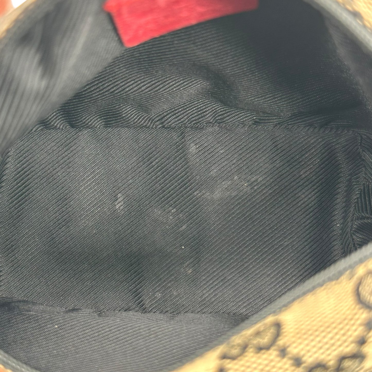 Gucci Gray Monogram & Red Leather Pochette Bag - Outfit Repeater