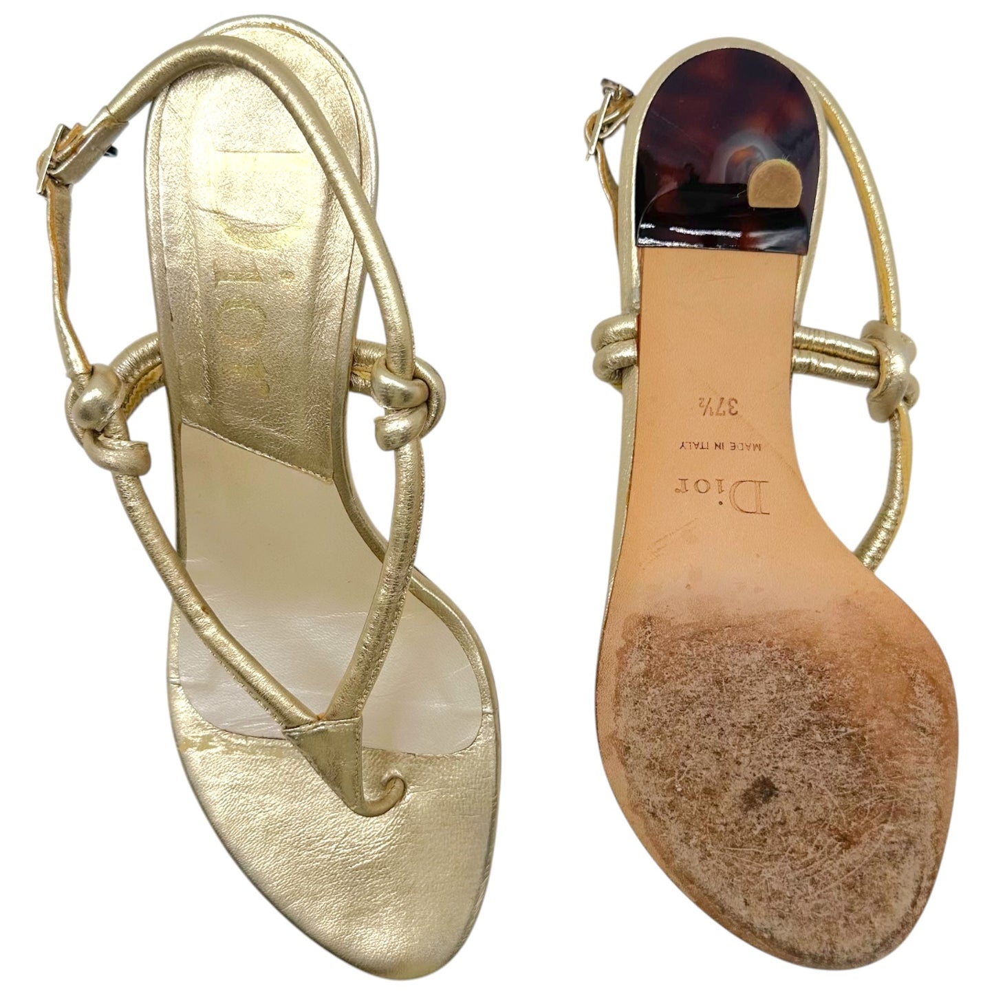 Christian Dior Gold & Tortoise Kitten Heel Thong Flip Flops
