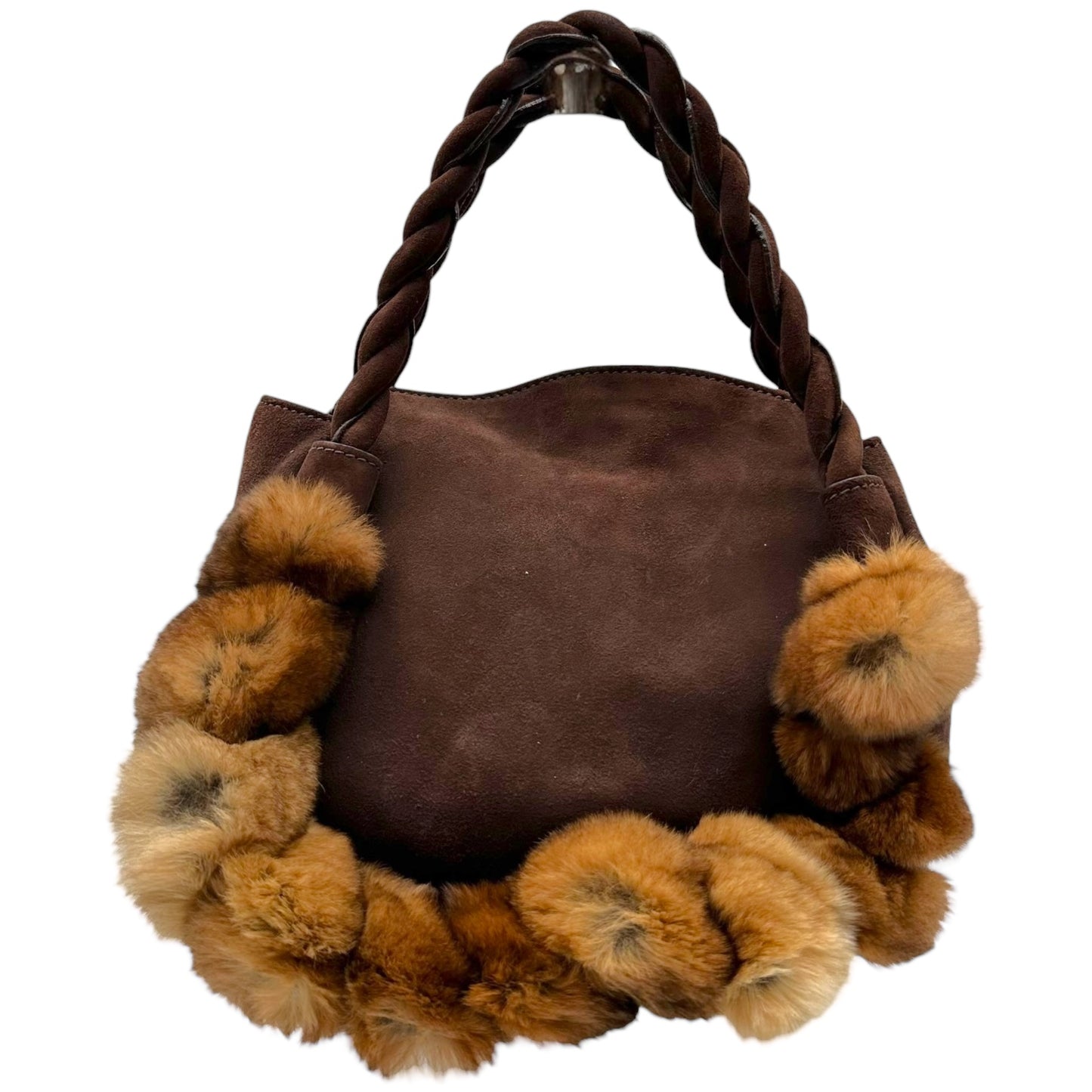 Salvatore Ferragamo Brown Suede & Rabbit Fur Trim Handbag