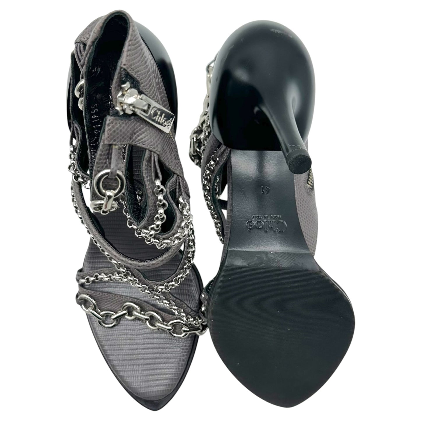 Chloé Dark Gray Lizard Embossed Silver Chain Strappy Sandal Heels