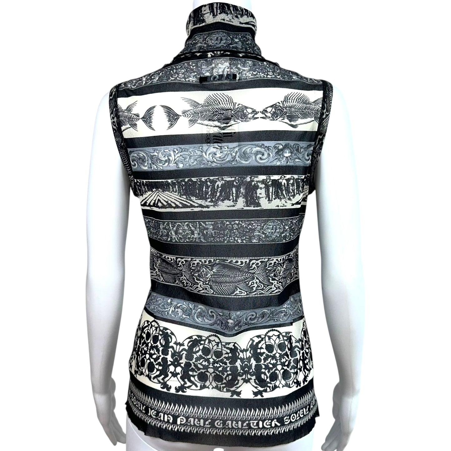 Jean Paul Gaultier Soleil Fishbone Printed Sheer Mesh Sleeveless Turtleneck Top - Outfit Repeater