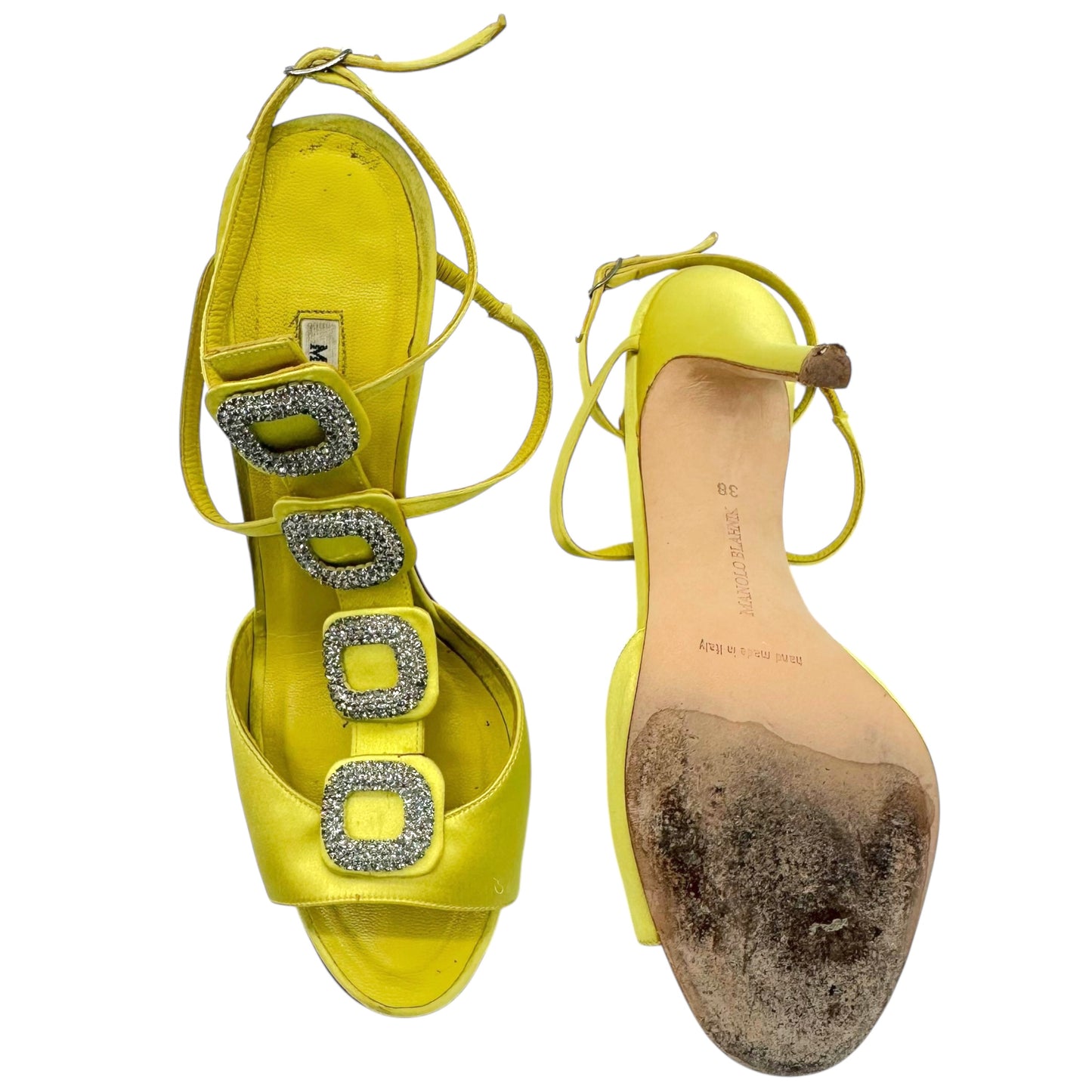 Manolo Blahnik Chartreuse Silk Crystal Embellished Heels
