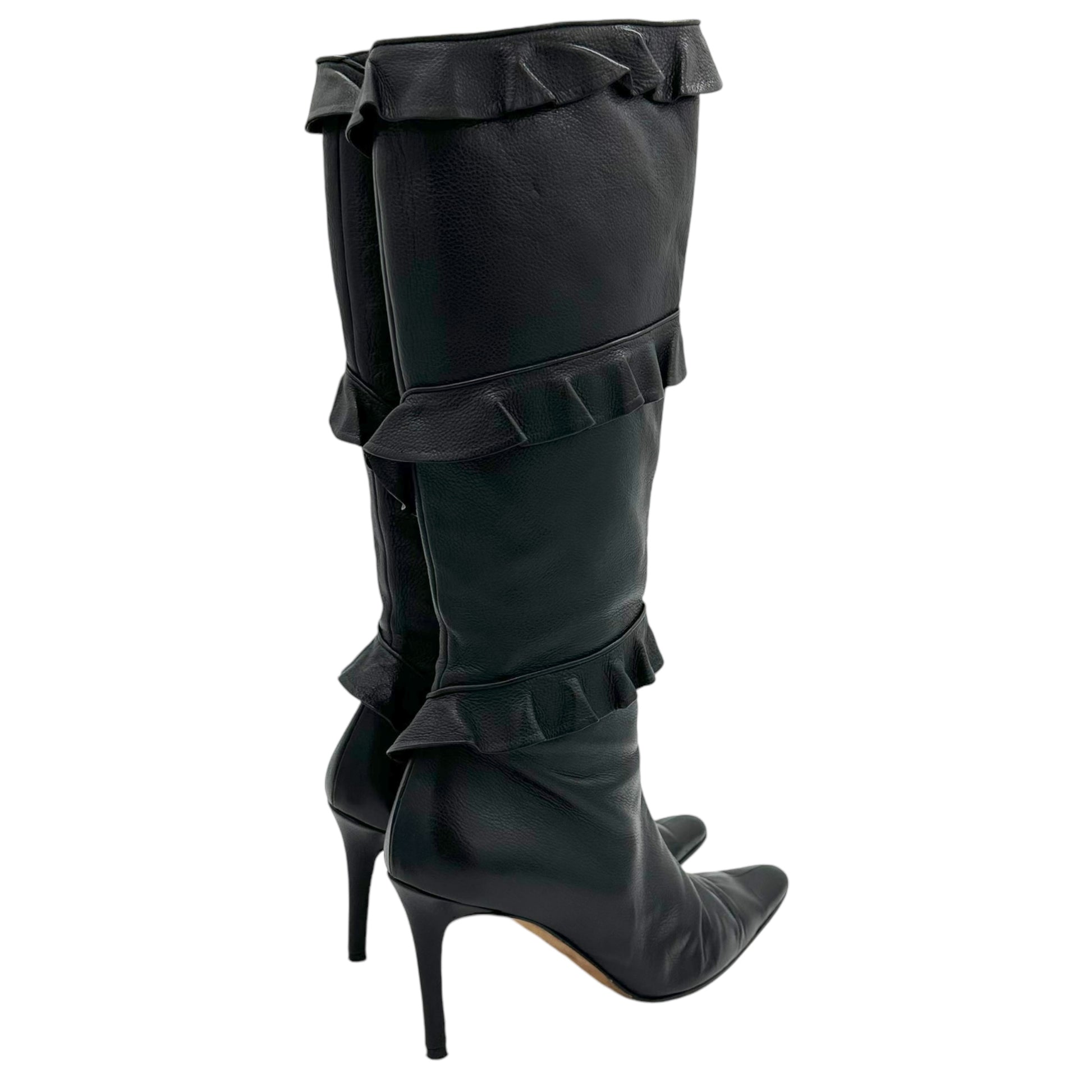 Manolo Blahnik Ruffle Black Leather Pointed Toe Boots - Outfit Repeater