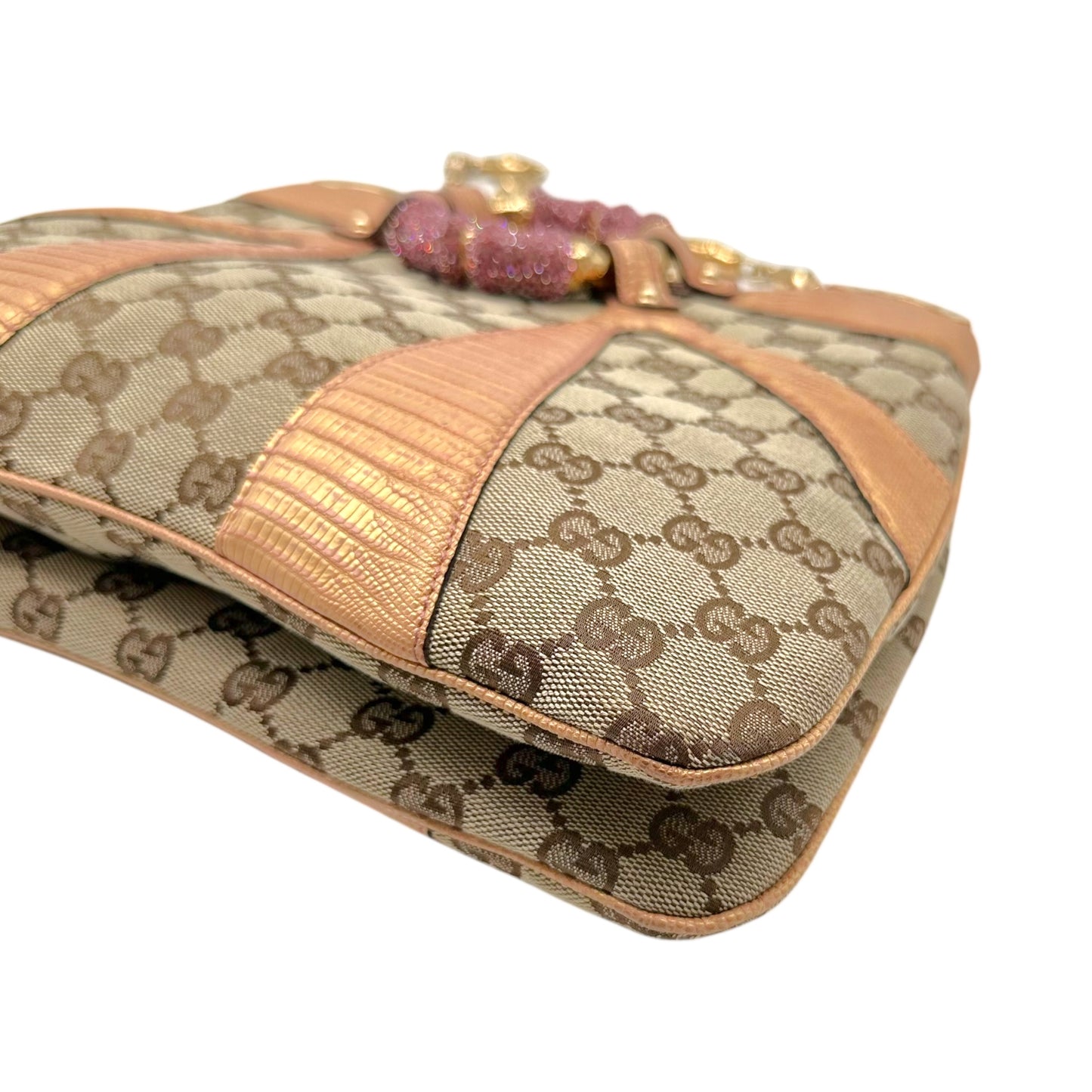Gucci by Tom Ford S/S 2004 Tan Monogram & Pink Lizard Skin Crystal Bamboo Shoulder Bag