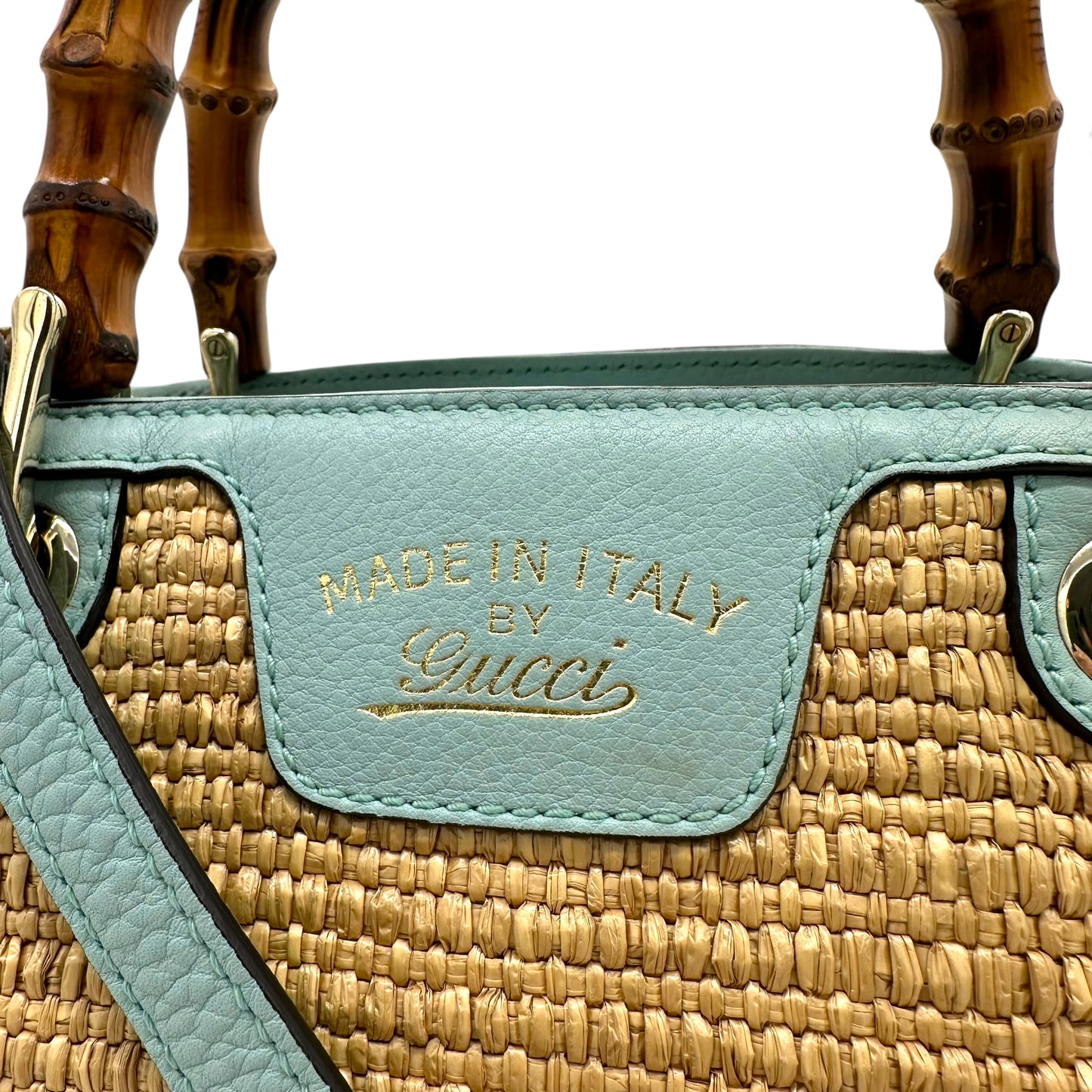 Gucci Raffia & Bamboo Blue Leather Trim 2-Way Bag - Outfit Repeater